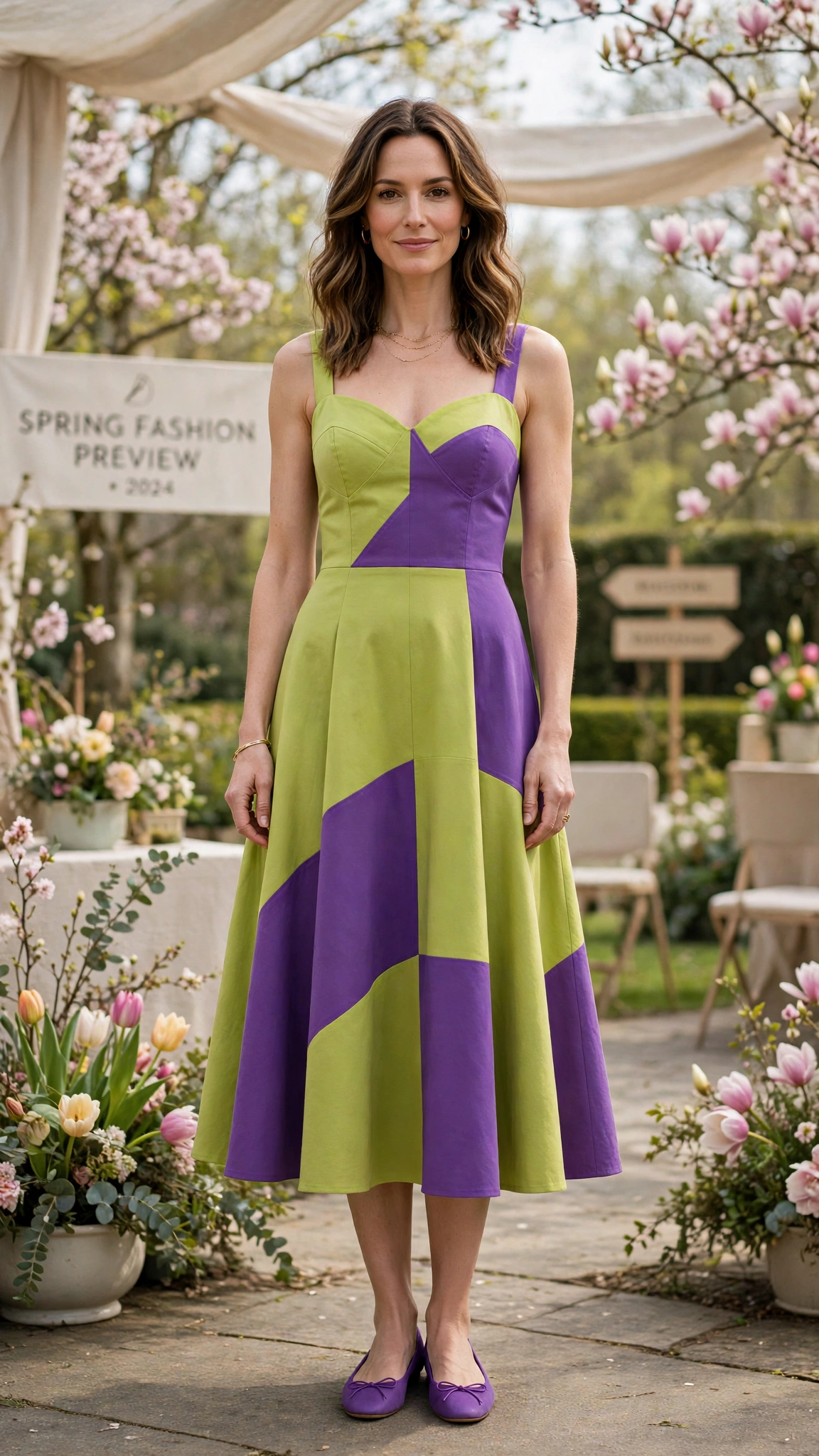 33 Colour Block Dress Outfits for SS27 Previews That Are Fresh, Chic and Easy to Wear 18 Lime and Purple Colour Block Dress Outfit with a colour-panelled bodice and ballet flats
