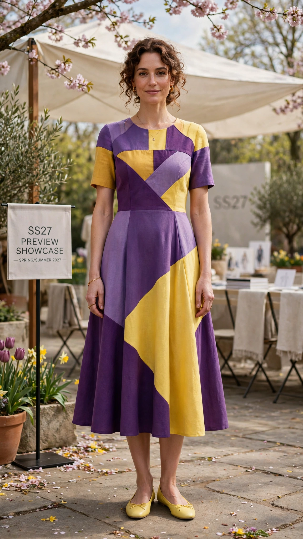 33 Colour Block Dress Outfits for SS27 Previews That Are Fresh, Chic and Easy to Wear 19 Purple and Yellow Colour Block Dress Outfit with a colour-panelled bodice and ballet flats