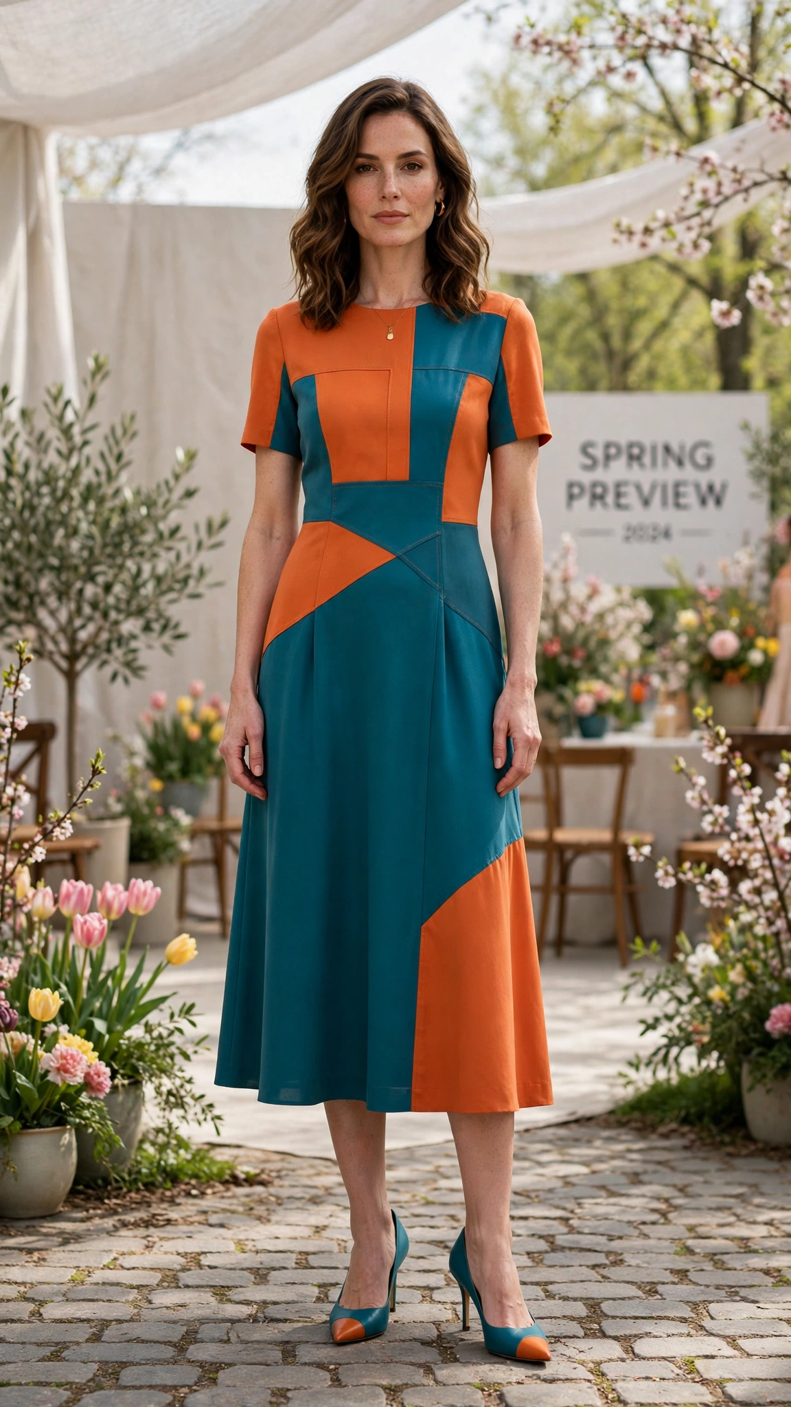 33 Colour Block Dress Outfits for SS27 Previews That Are Fresh, Chic and Easy to Wear 21 Orange and Teal Colour Block Dress Outfit with a panelled bodice and pointed pumps