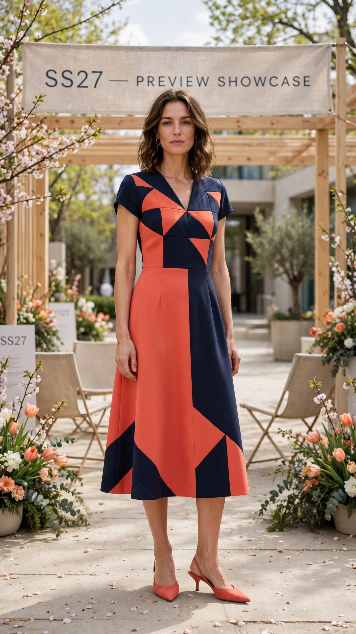 33 Colour Block Dress Outfits for SS27 Previews That Are Fresh, Chic and Easy to Wear 24 Navy and Coral Colour Block Dress Outfit with a geometric bodice and kitten heels