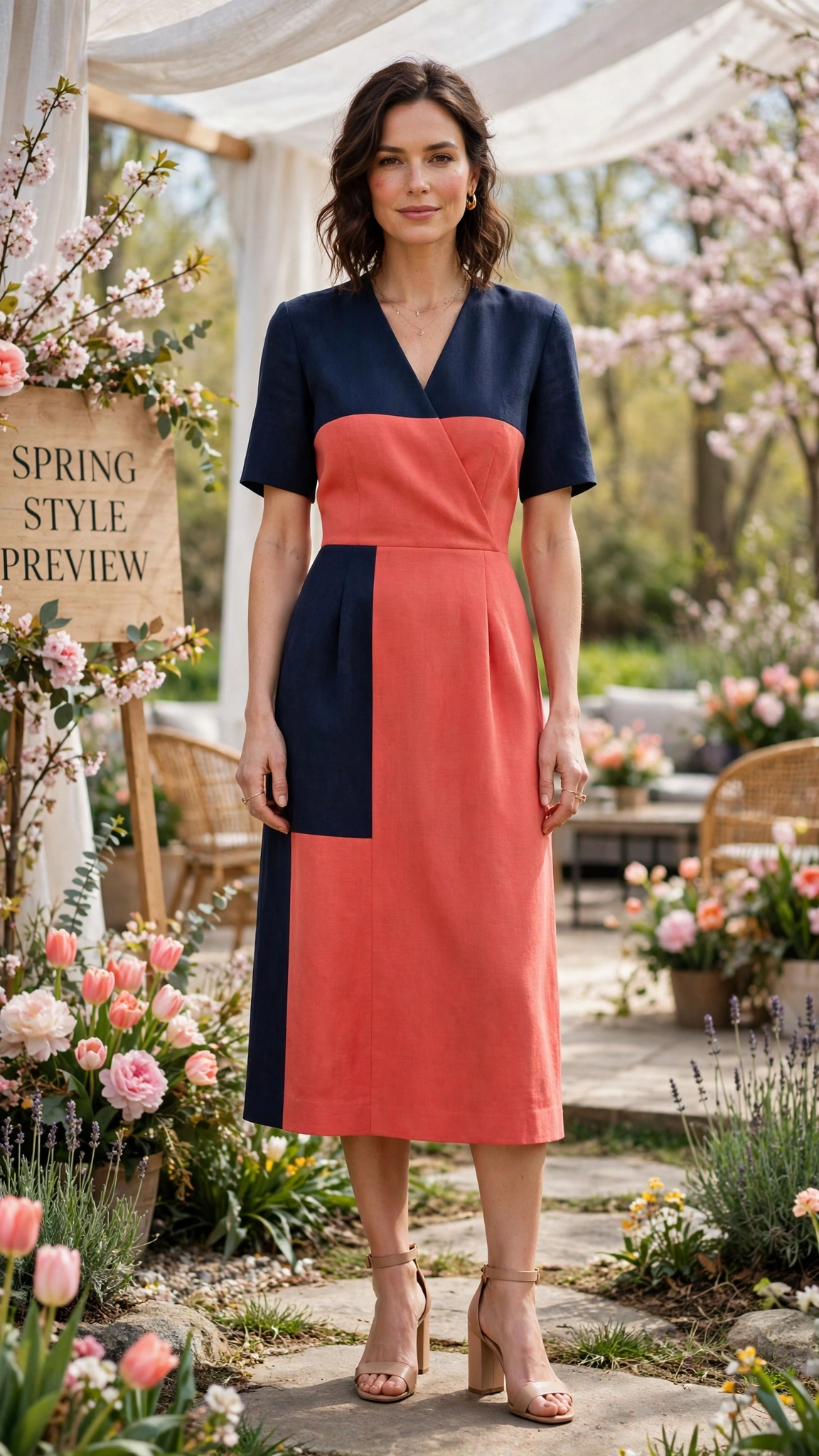 33 Colour Block Dress Outfits for SS27 Previews That Are Fresh, Chic and Easy to Wear 25 Navy and Coral Colour Block Dress Outfit with a two-tone bodice and nude block heels