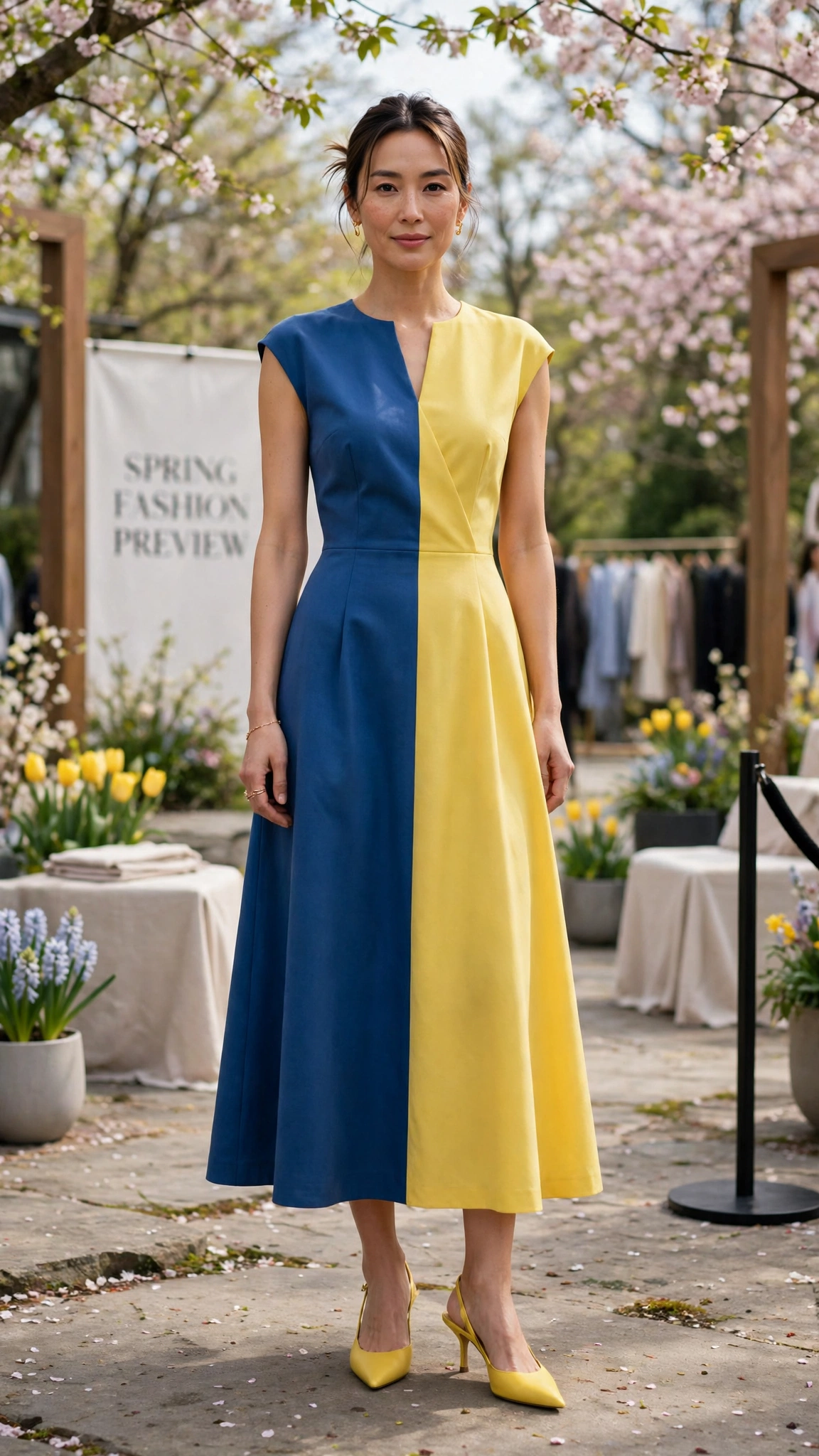 33 Colour Block Dress Outfits for SS27 Previews That Are Fresh, Chic and Easy to Wear 26 Blue and Yellow Colour Block Dress Outfit with a blocked bodice and slingback heels