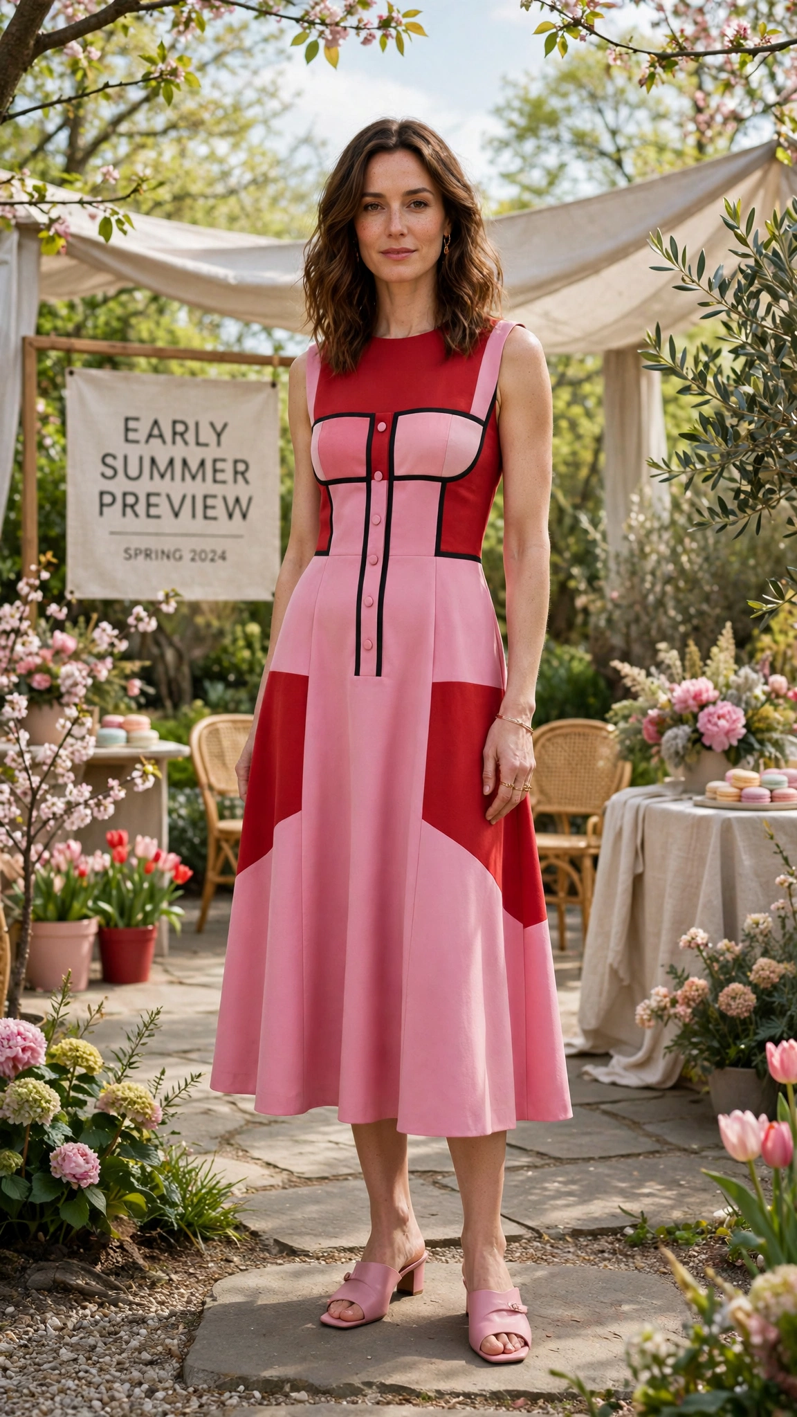 33 Colour Block Dress Outfits for SS27 Previews That Are Fresh, Chic and Easy to Wear 27 Pink and Red Colour Block Dress Outfit with a contrast bodice and mules