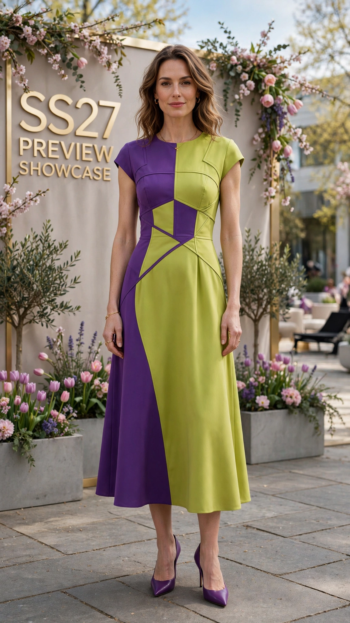 33 Colour Block Dress Outfits for SS27 Previews That Are Fresh, Chic and Easy to Wear 29 Lime and Purple Colour Block Dress Outfit with a panelled bodice and pointed pumps