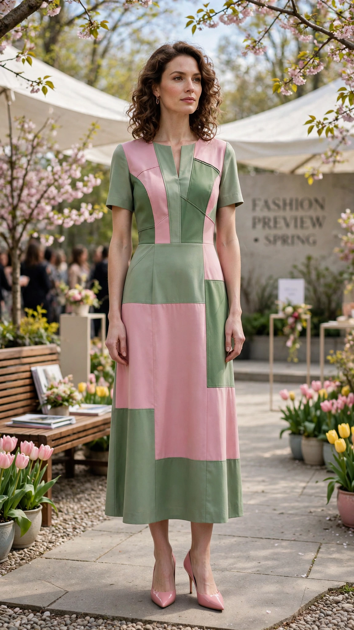 33 Colour Block Dress Outfits for SS27 Previews That Are Fresh, Chic and Easy to Wear 31 Green and Pink Colour Block Dress Outfit with a panelled bodice and pointed pumps