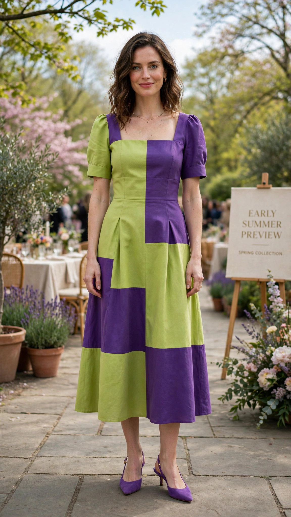 33 Colour Block Dress Outfits for SS27 Previews That Are Fresh, Chic and Easy to Wear 32 Lime and Purple Colour Block Dress Outfit with a blocked bodice and slingback heels