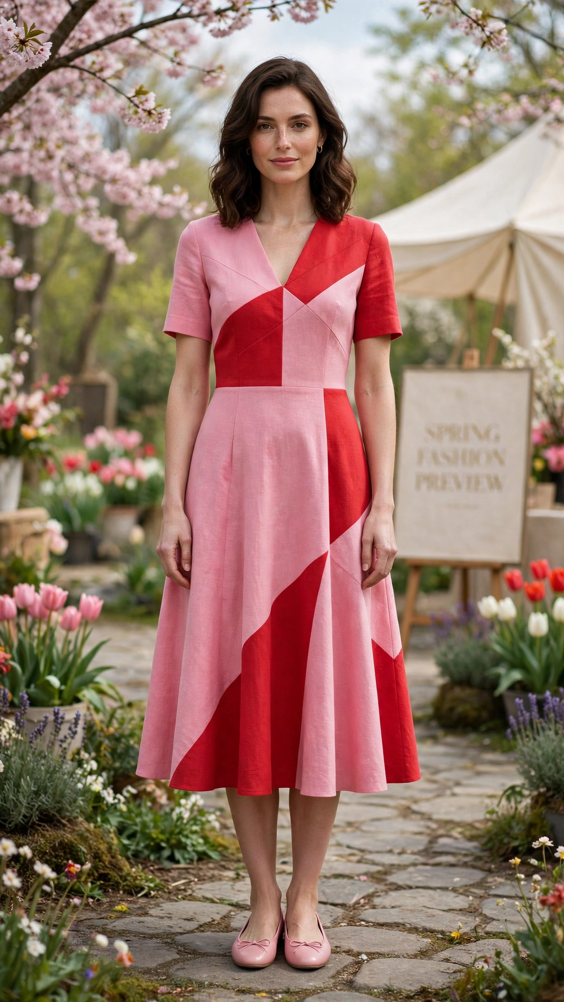 33 Colour Block Dress Outfits for SS27 Previews That Are Fresh, Chic and Easy to Wear 33 Pink and Red Colour Block Dress Outfit with a colour-panelled bodice and ballet flats