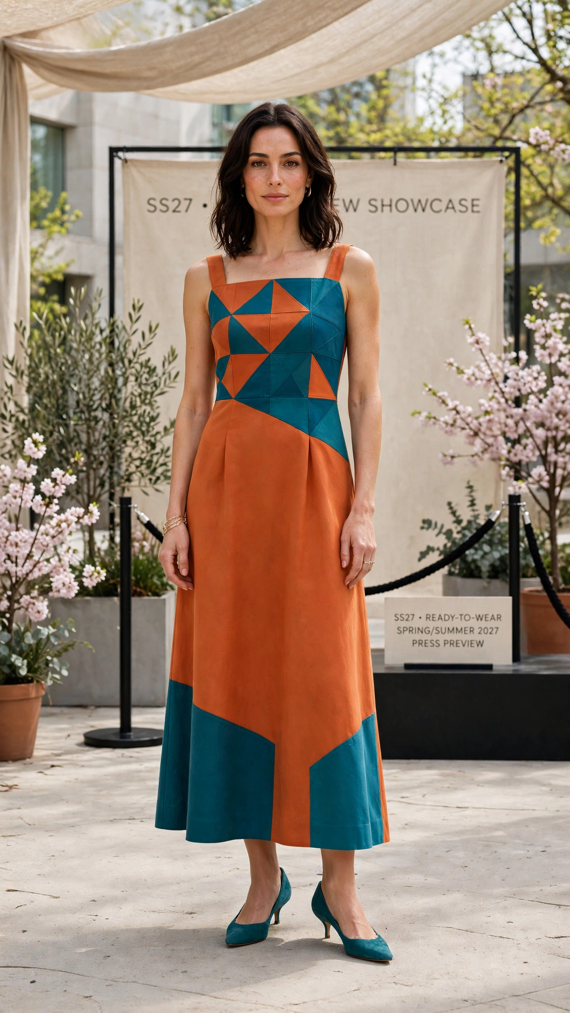 33 Colour Block Dress Outfits for SS27 Previews That Are Fresh, Chic and Easy to Wear 34 Orange and Teal Colour Block Dress Outfit with a geometric bodice and kitten heels