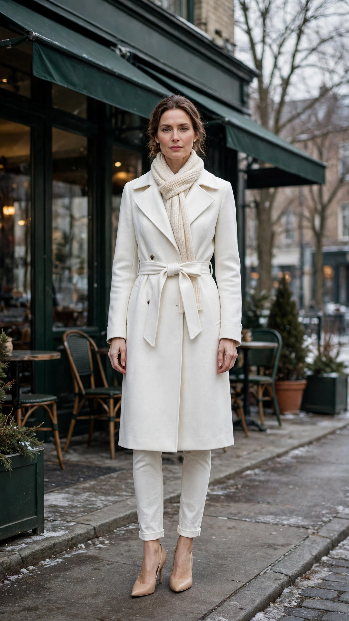 White Belted Coat with Ivory Jeans and Nude Heels