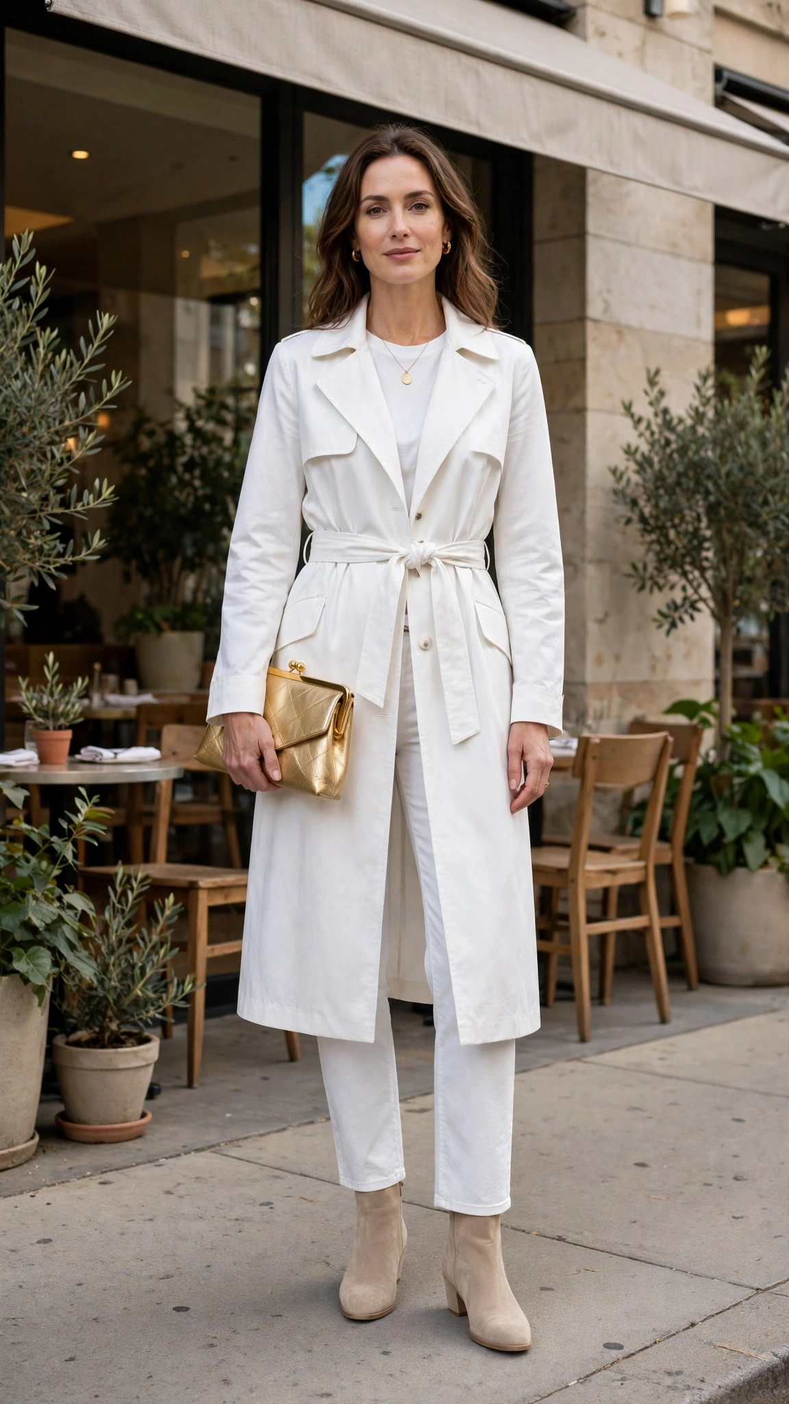 White Belted Coat with White Straight Jeans and Beige Boots