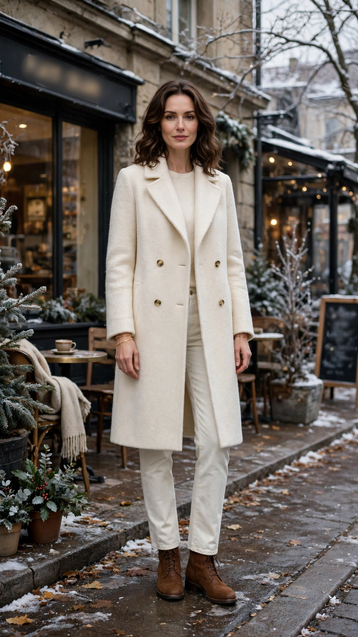 Cream Wool Coat with Ivory Jeans and Brown Boots