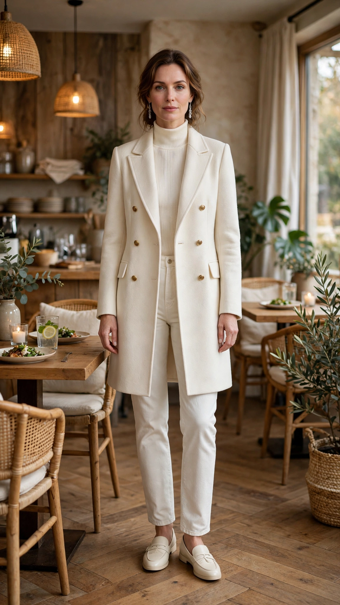 Ivory Tailored Coat with Ivory Jeans and Cream Loafers