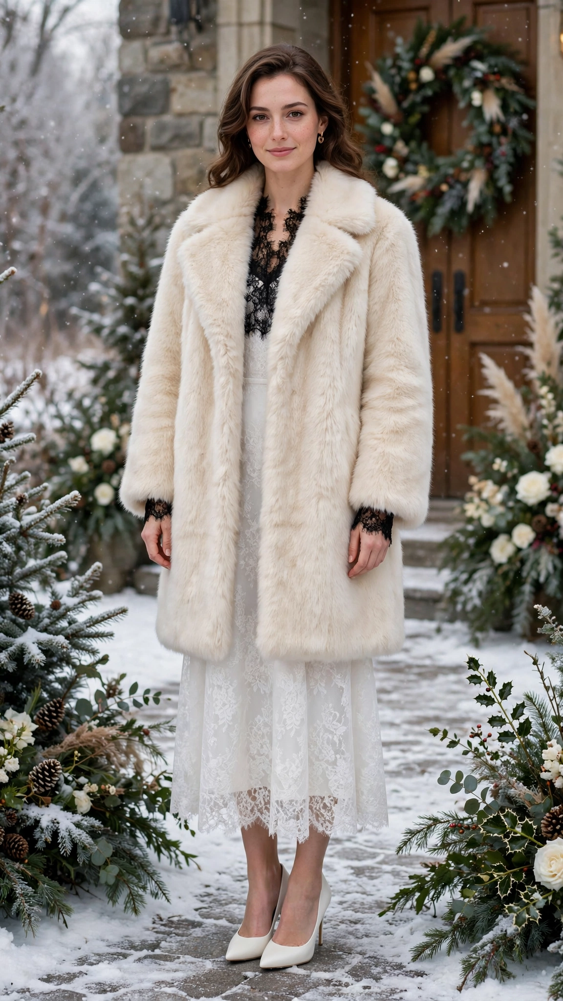 Black Accent Cream Faux Fur Coat with a white midi dress