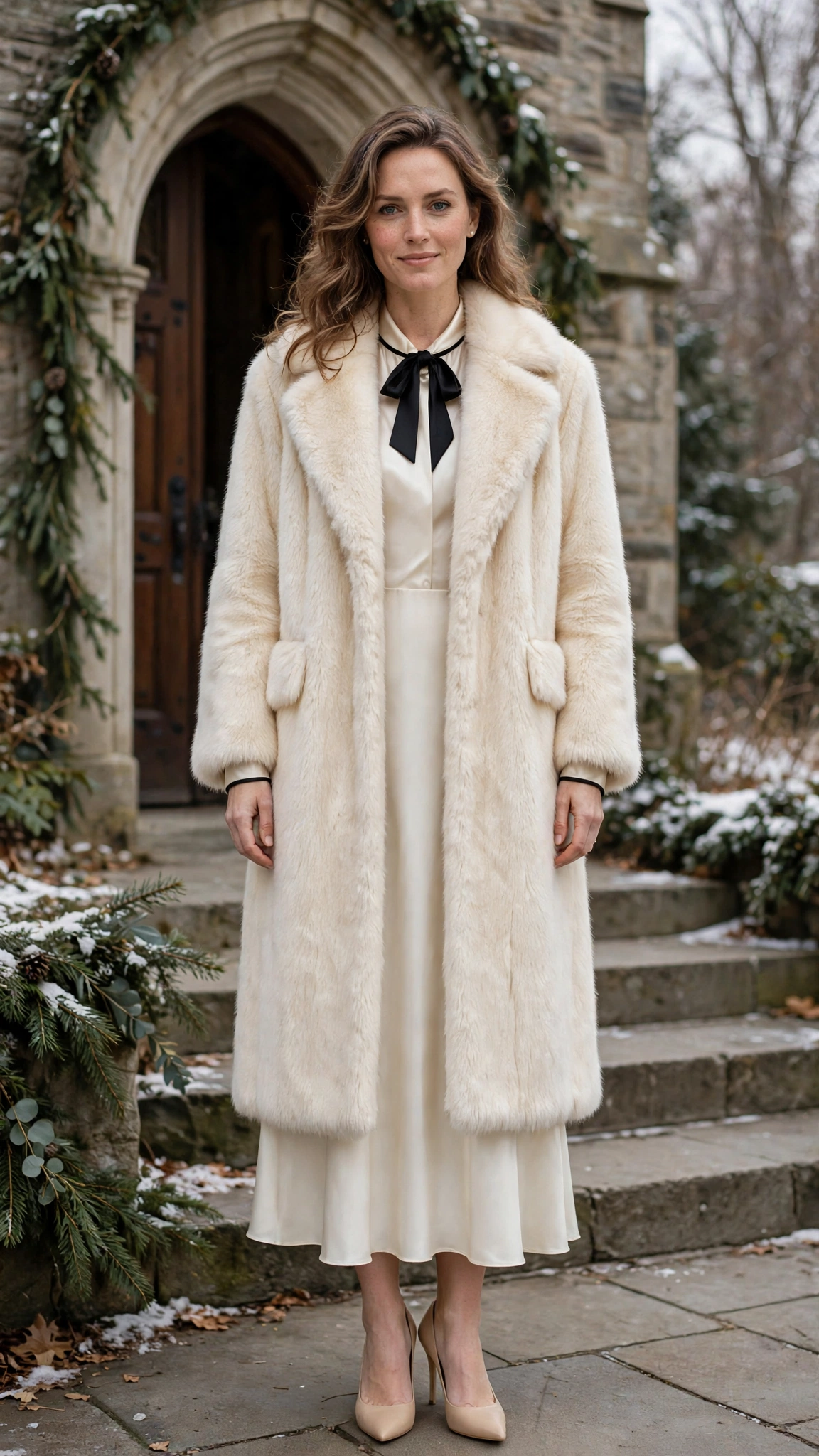 Black Accent Cream Faux Fur Coat with an ivory dress