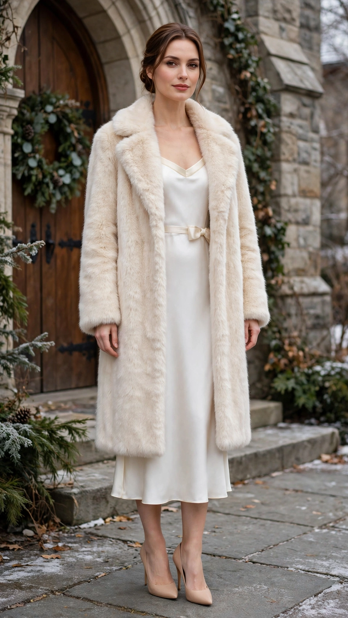 Cream Accent Cream Faux Fur Coat with a white midi dress