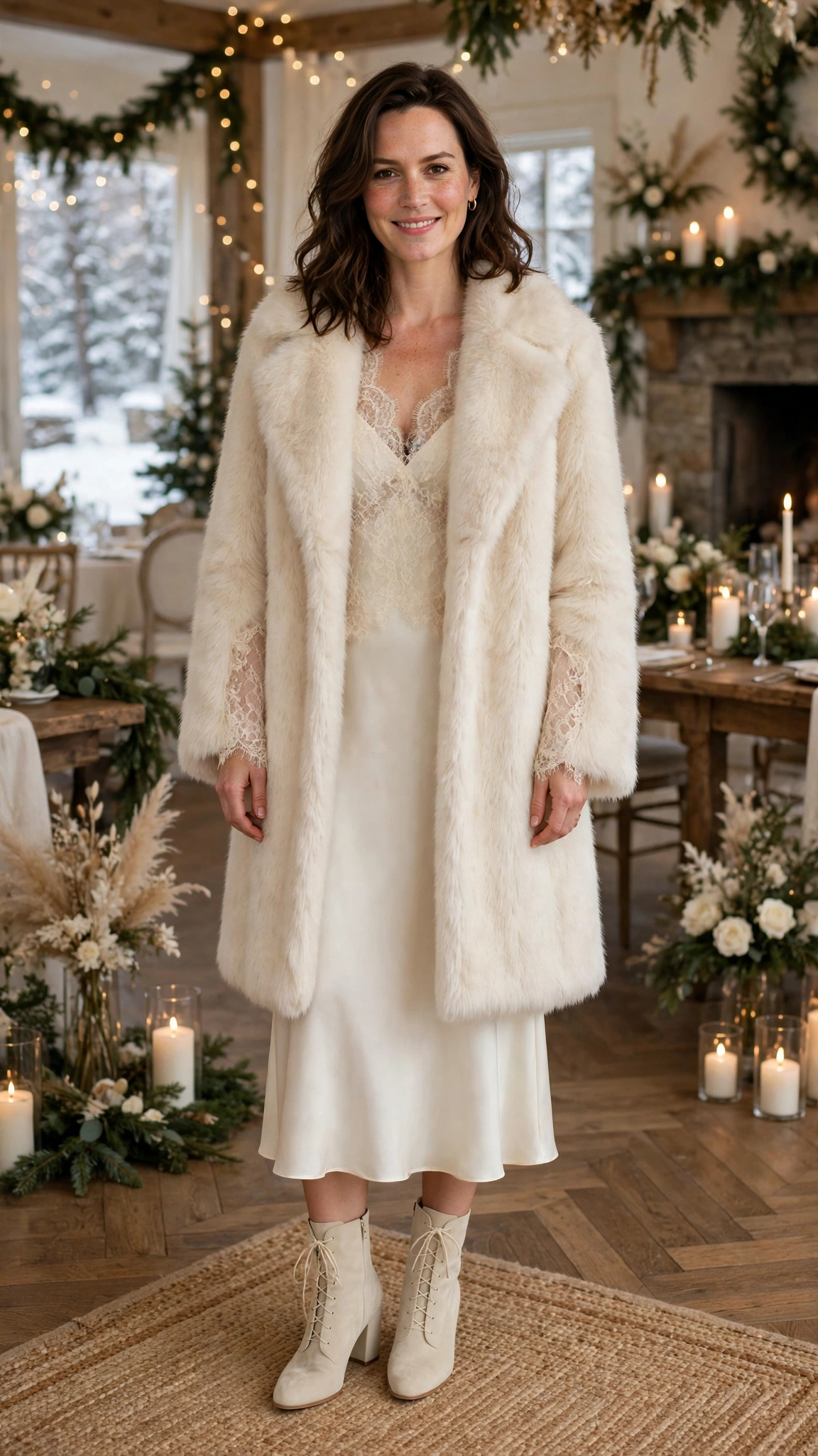 Cream Accent Cream Faux Fur Coat with an ivory dress