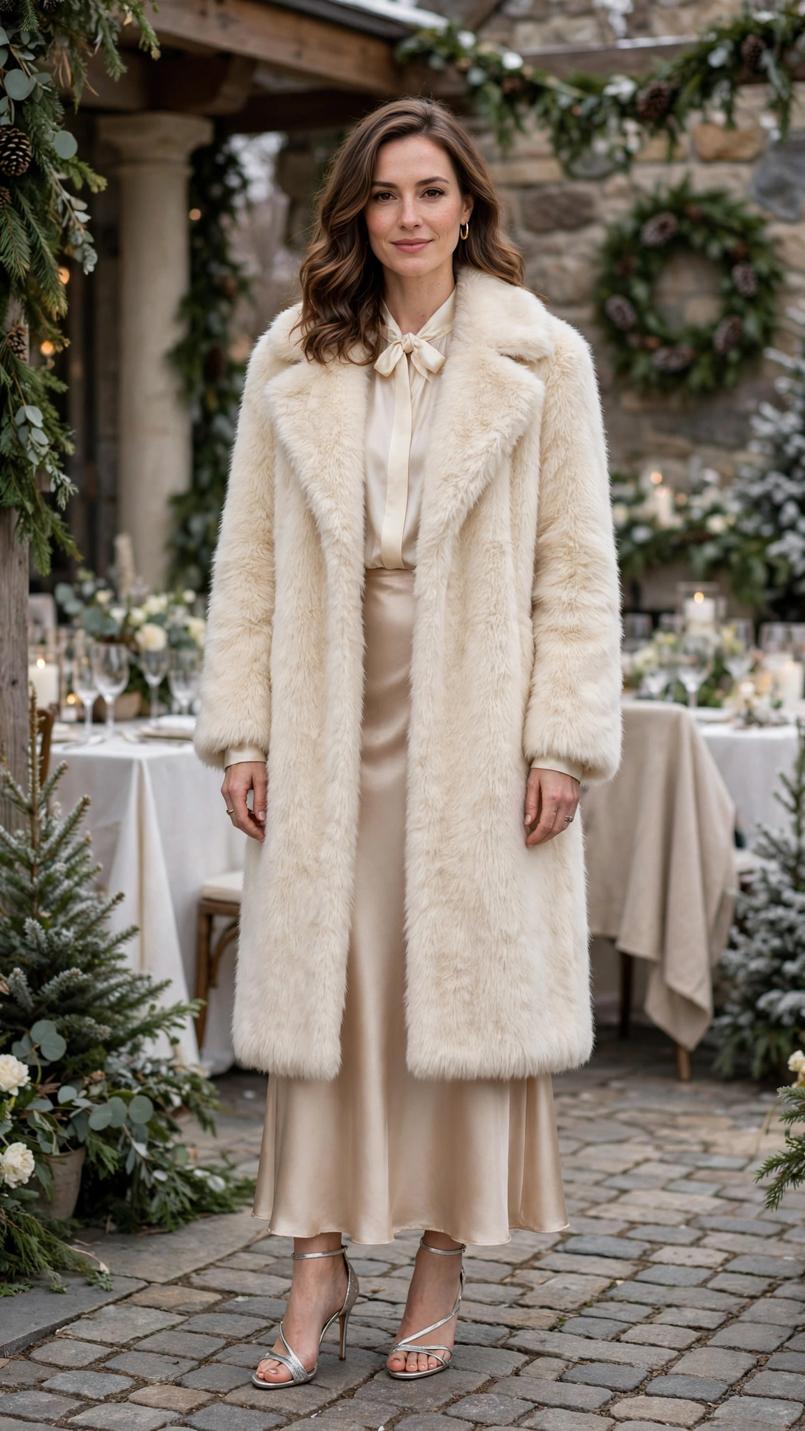 Cream Accent Cream Faux Fur Coat with a champagne dress