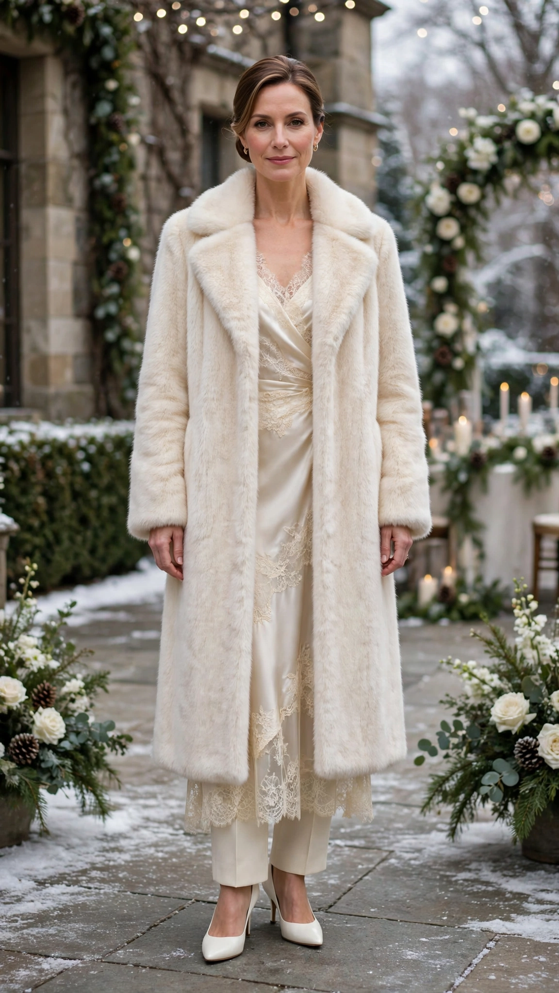 Cream Accent Cream Faux Fur Coat with cream trousers