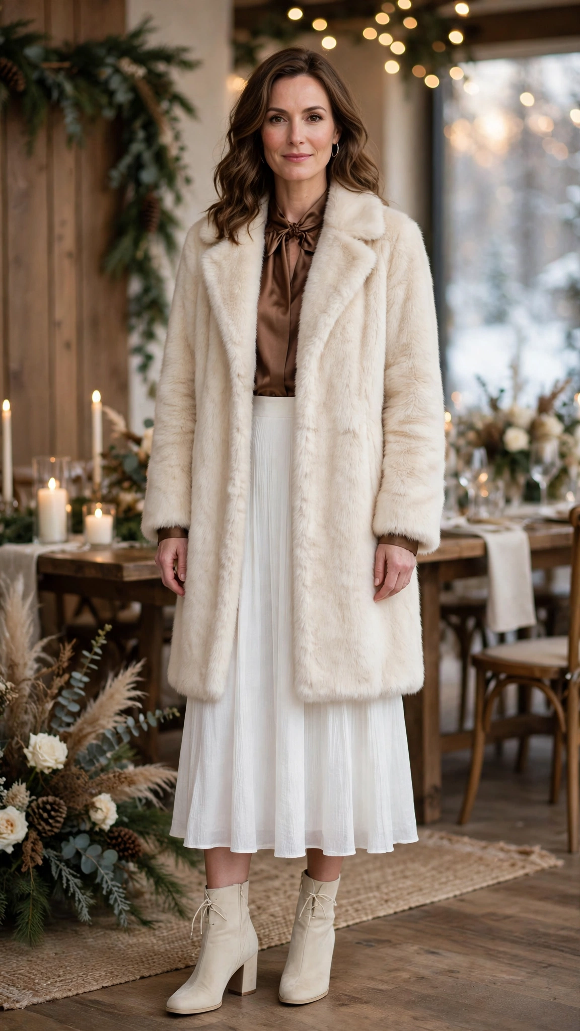 Brown Accent Cream Faux Fur Coat with a white midi dress