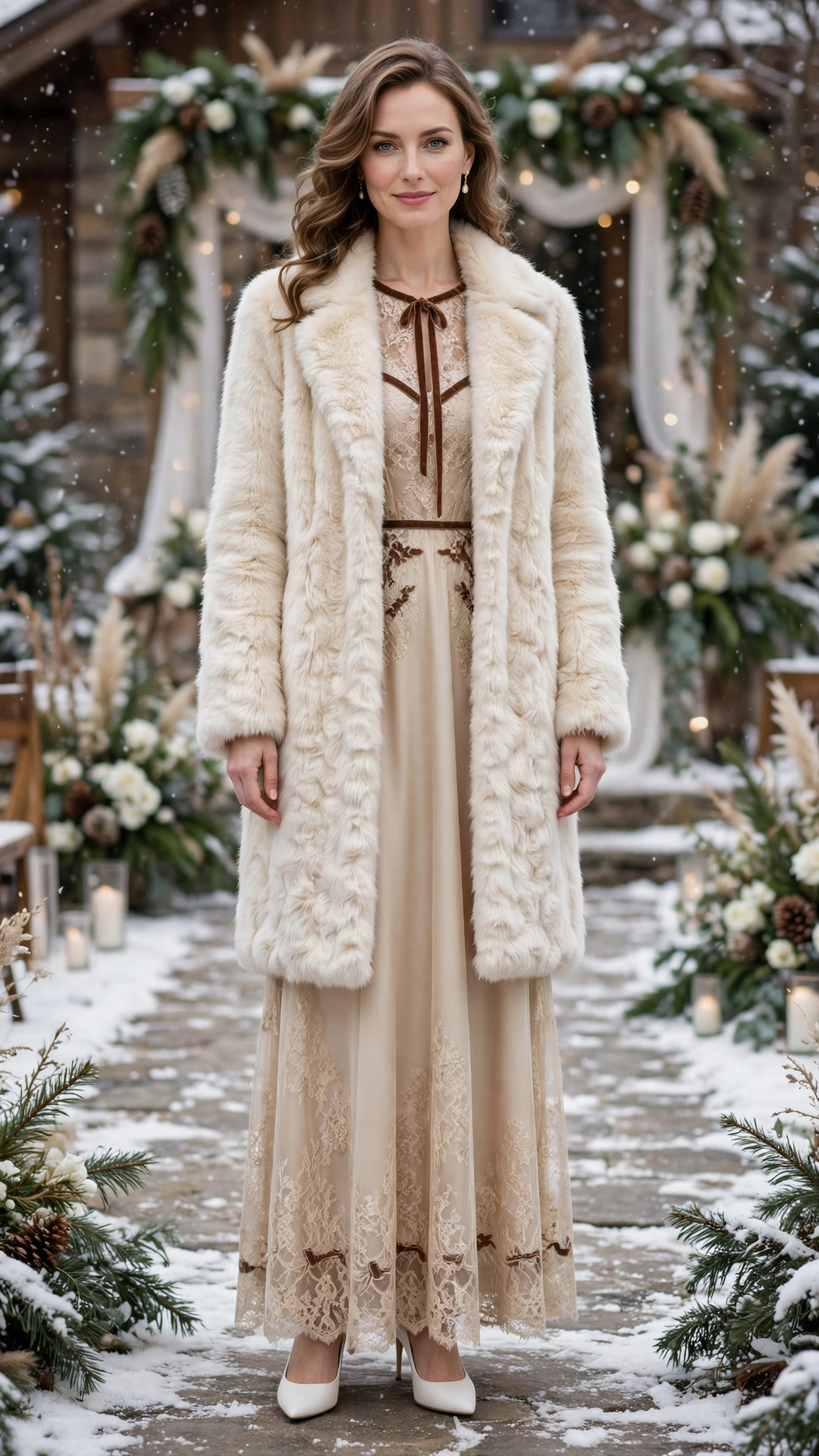 Brown Accent Cream Faux Fur Coat with a champagne dress