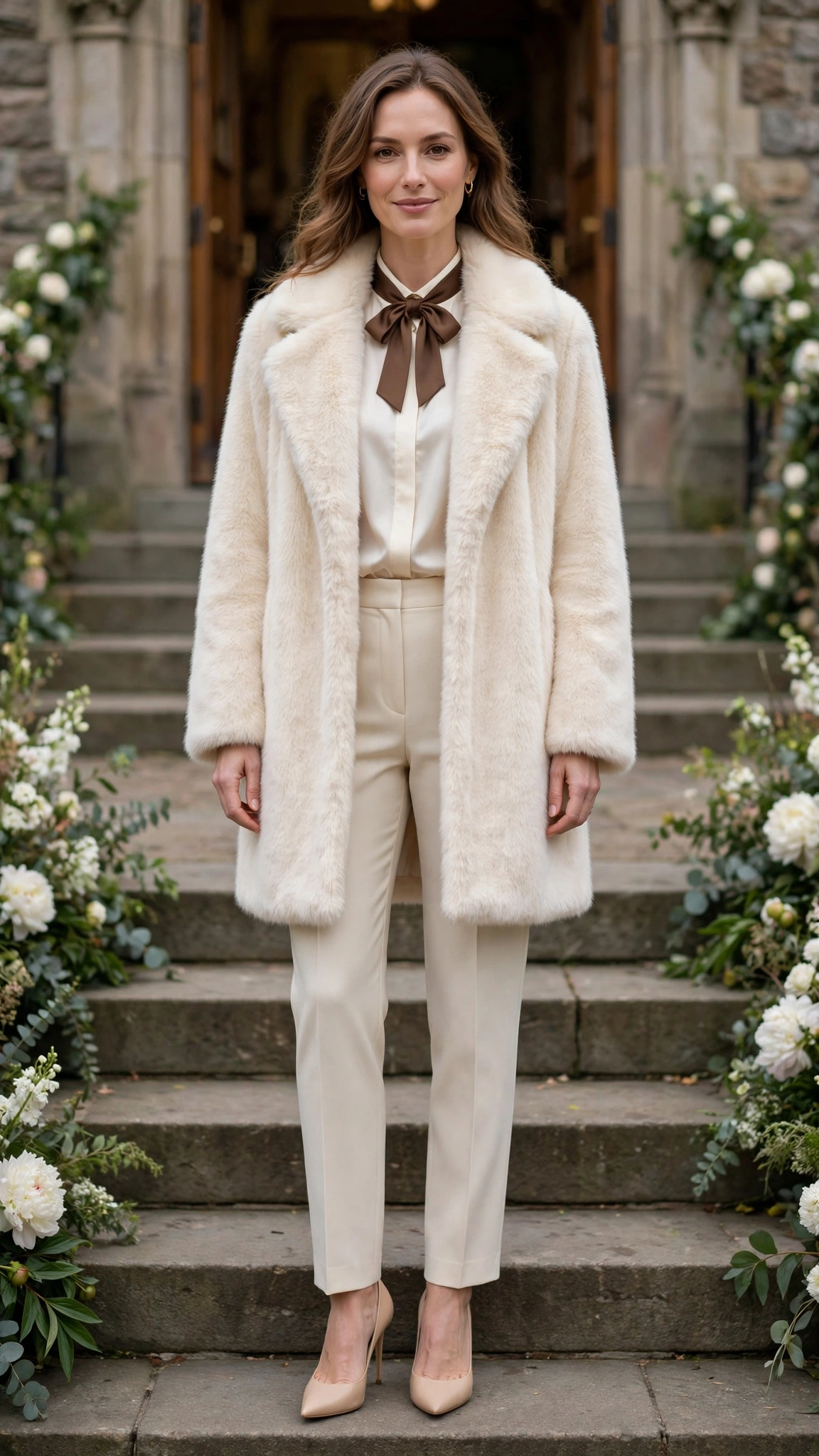 Brown Accent Cream Faux Fur Coat with cream trousers