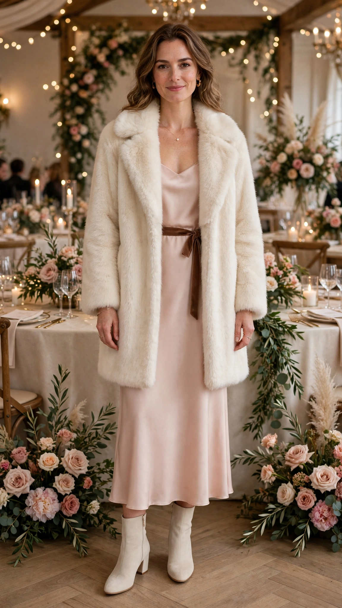 Brown Accent Cream Faux Fur Coat with a blush dress
