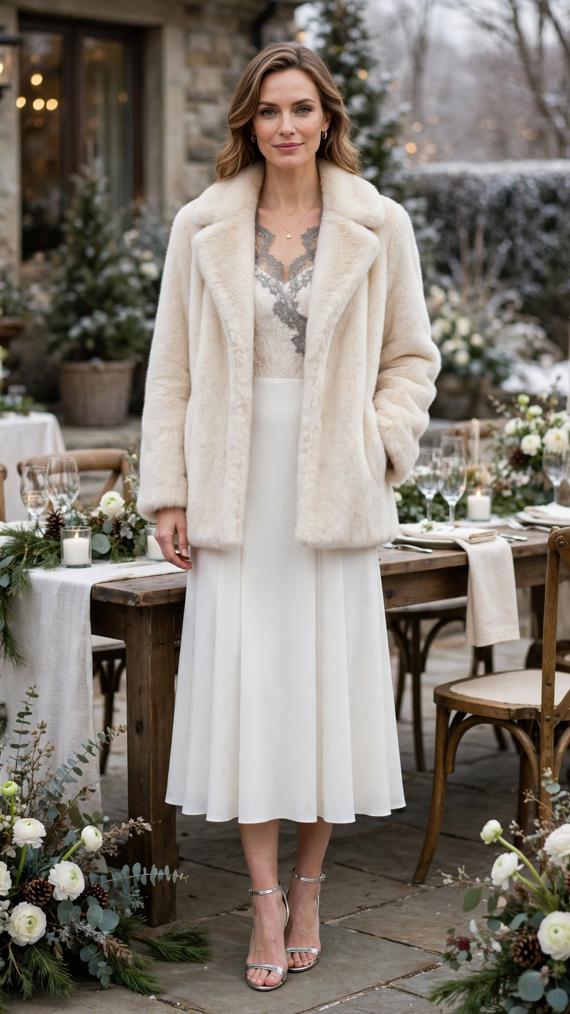 Grey Accent Cream Faux Fur Coat with a white midi dress