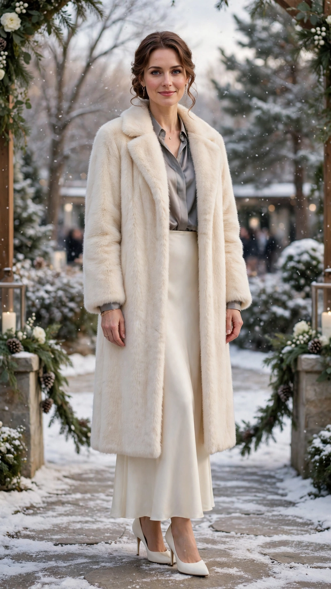 Grey Accent Cream Faux Fur Coat with an ivory dress
