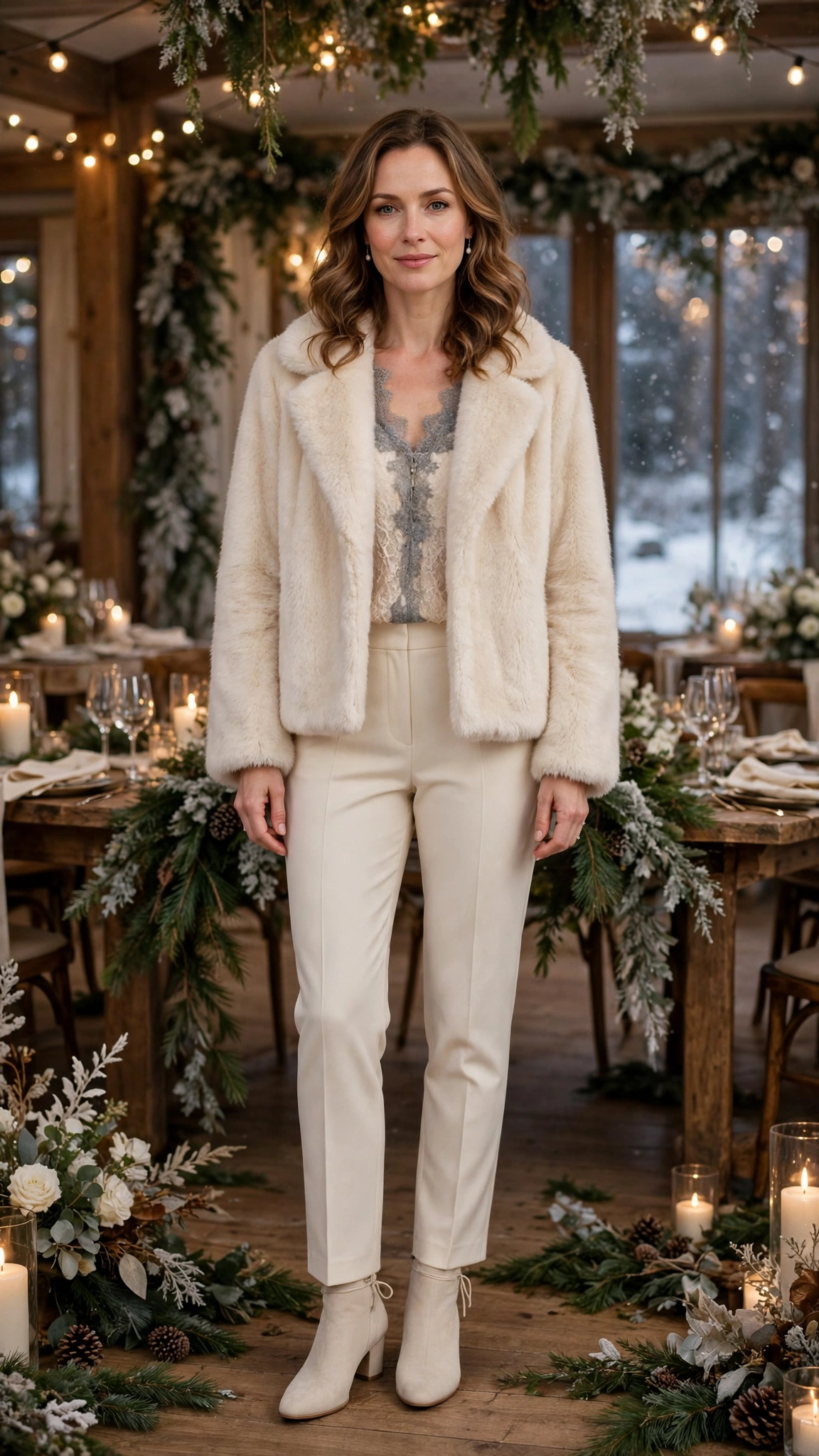Grey Accent Cream Faux Fur Coat with cream trousers