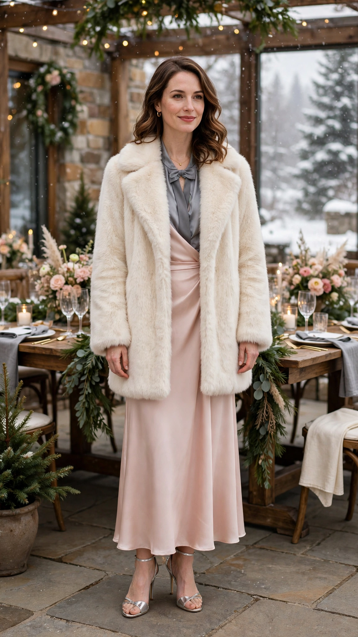 Grey Accent Cream Faux Fur Coat with a blush dress