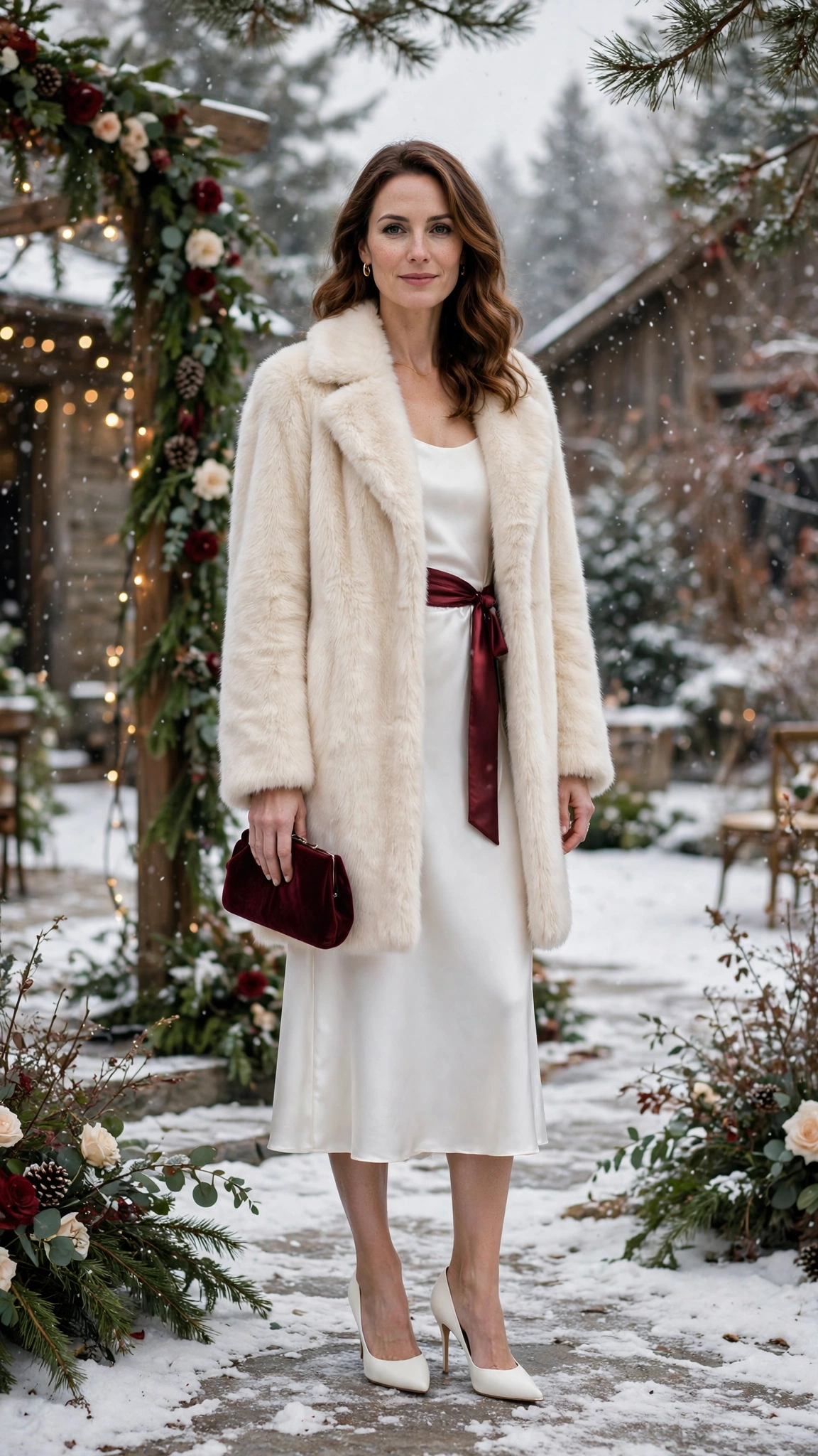 Burgundy Accent Cream Faux Fur Coat with a white midi dress