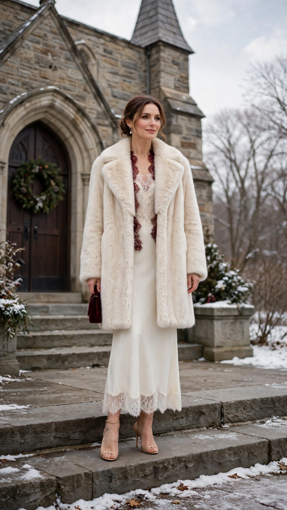 Burgundy Accent Cream Faux Fur Coat with an ivory dress