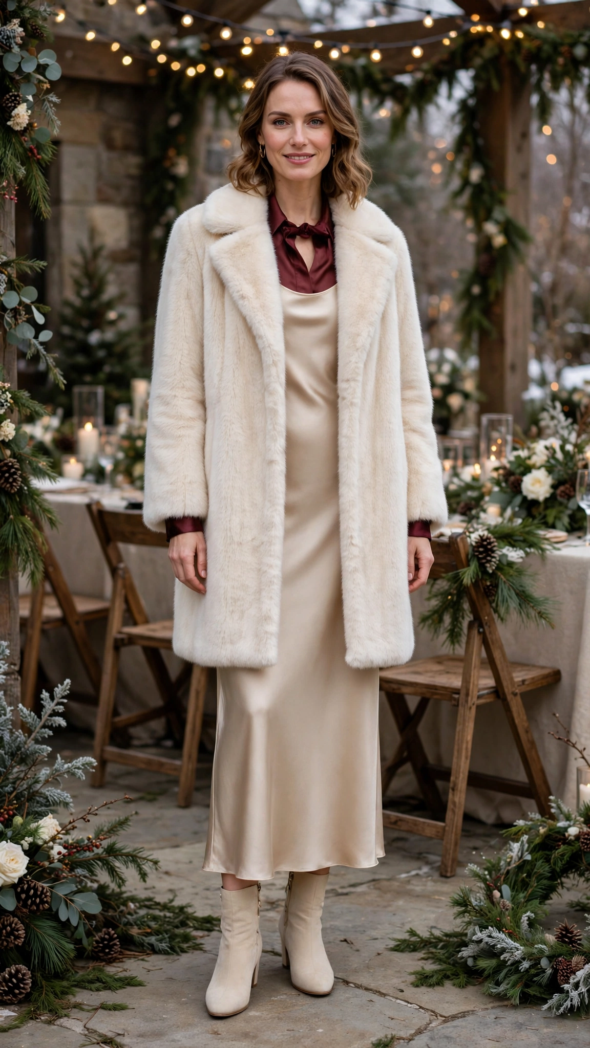 Burgundy Accent Cream Faux Fur Coat with a champagne dress