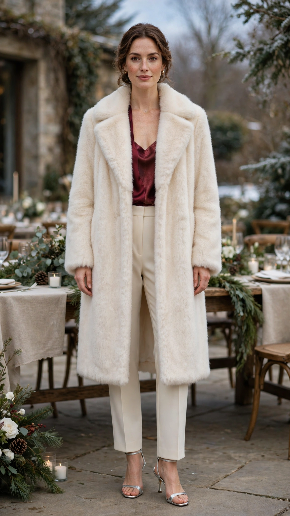 Burgundy Accent Cream Faux Fur Coat with cream trousers