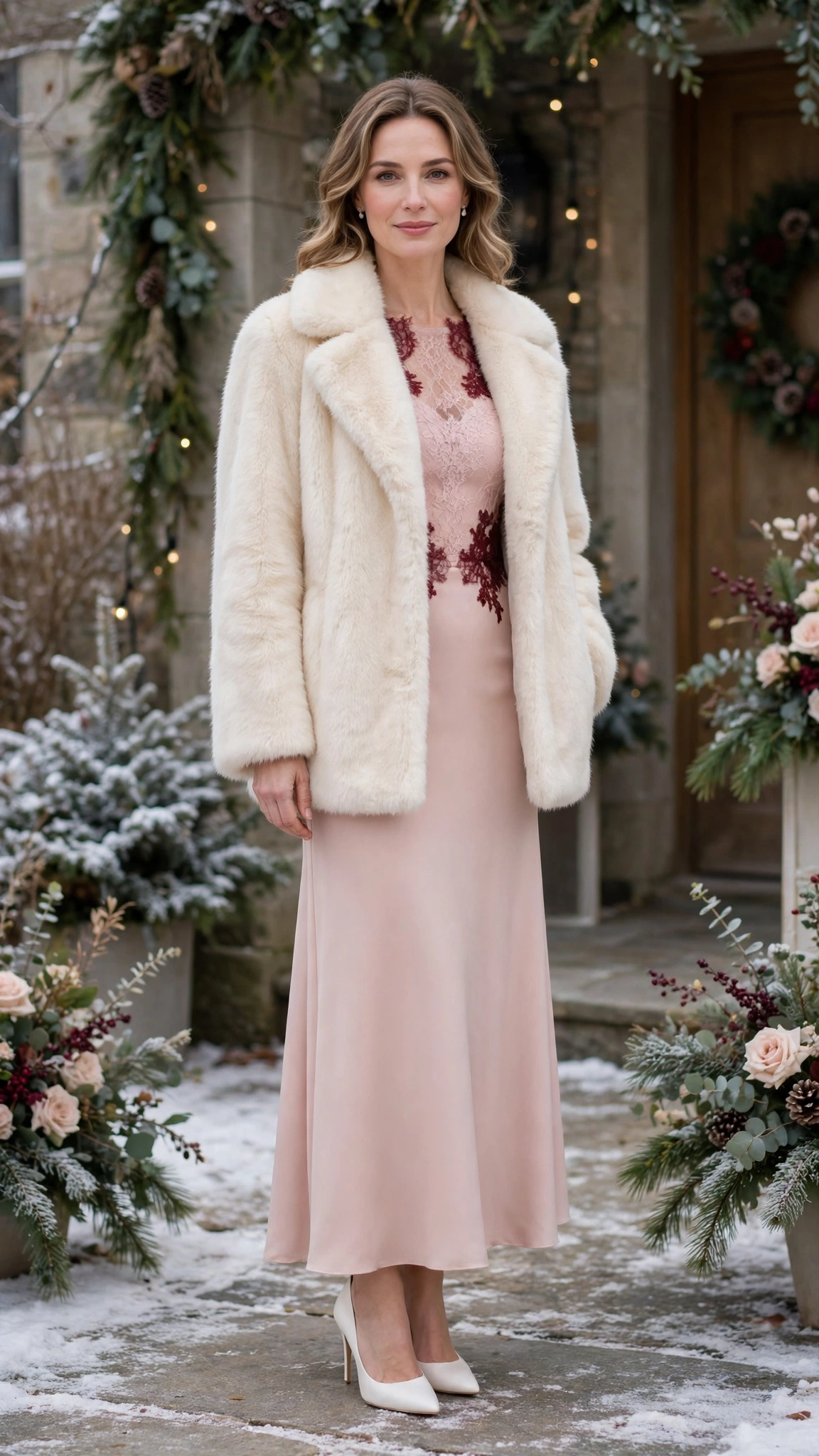 Burgundy Accent Cream Faux Fur Coat with a blush dress