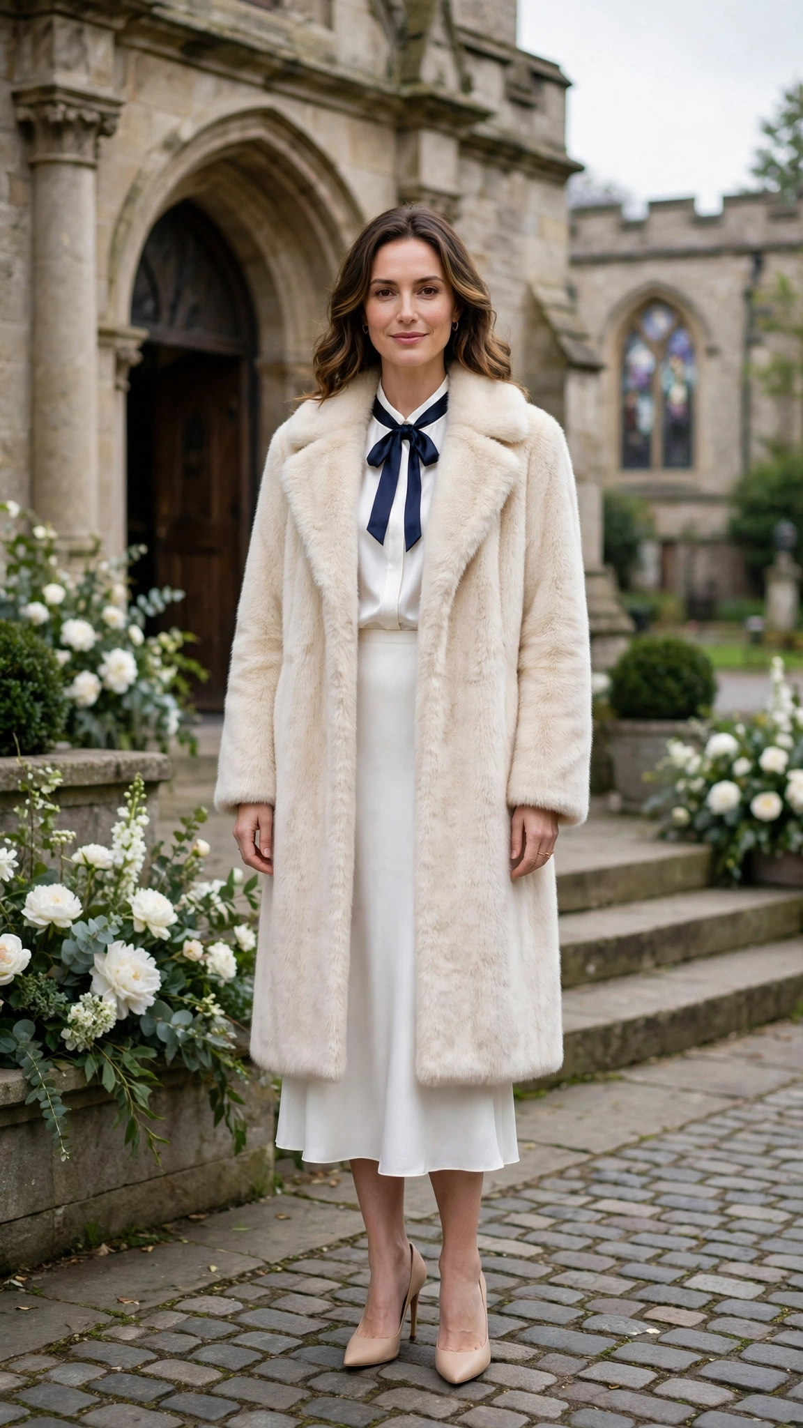 Navy Accent Cream Faux Fur Coat with a white midi dress