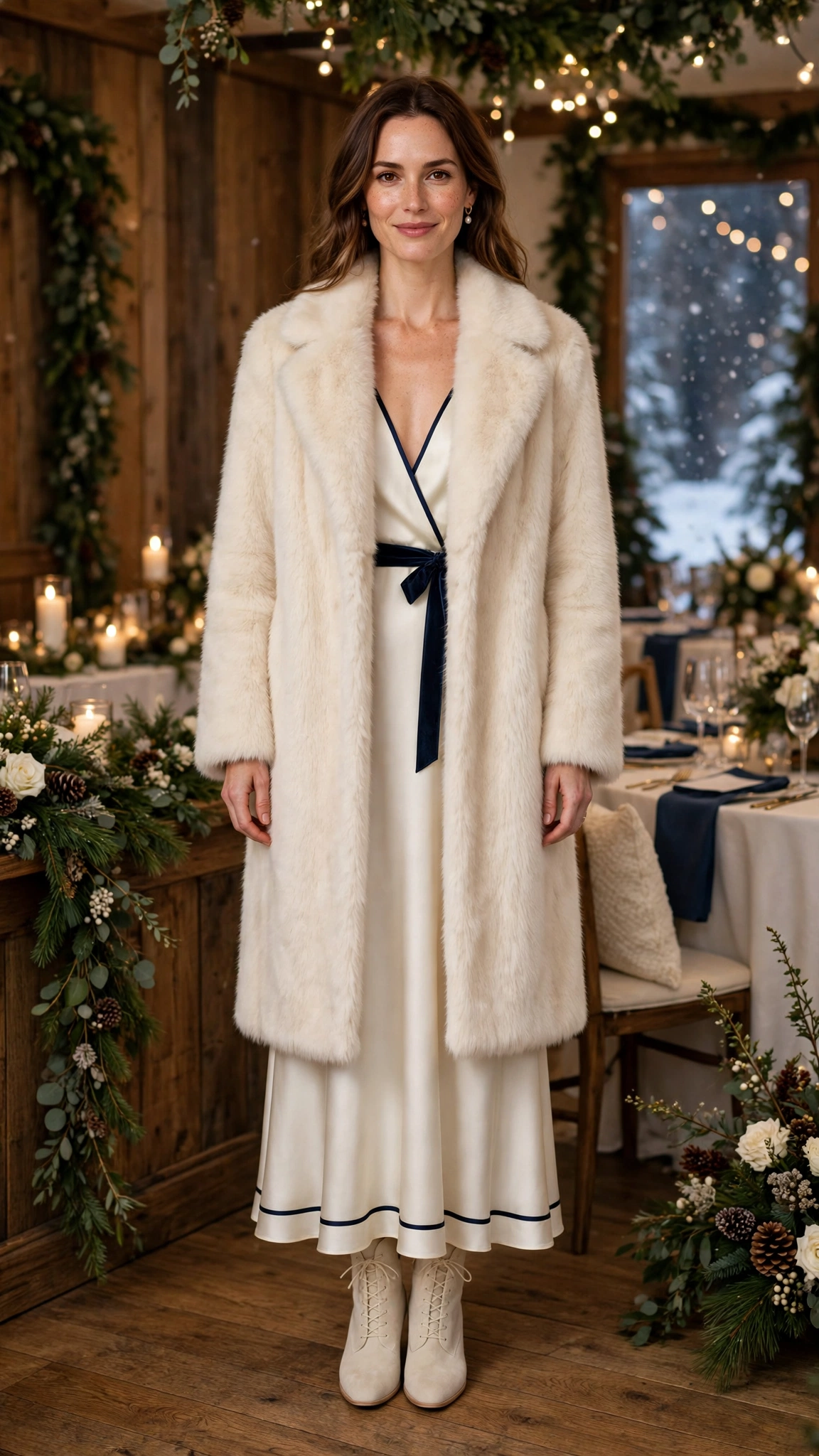 Navy Accent Cream Faux Fur Coat with an ivory dress