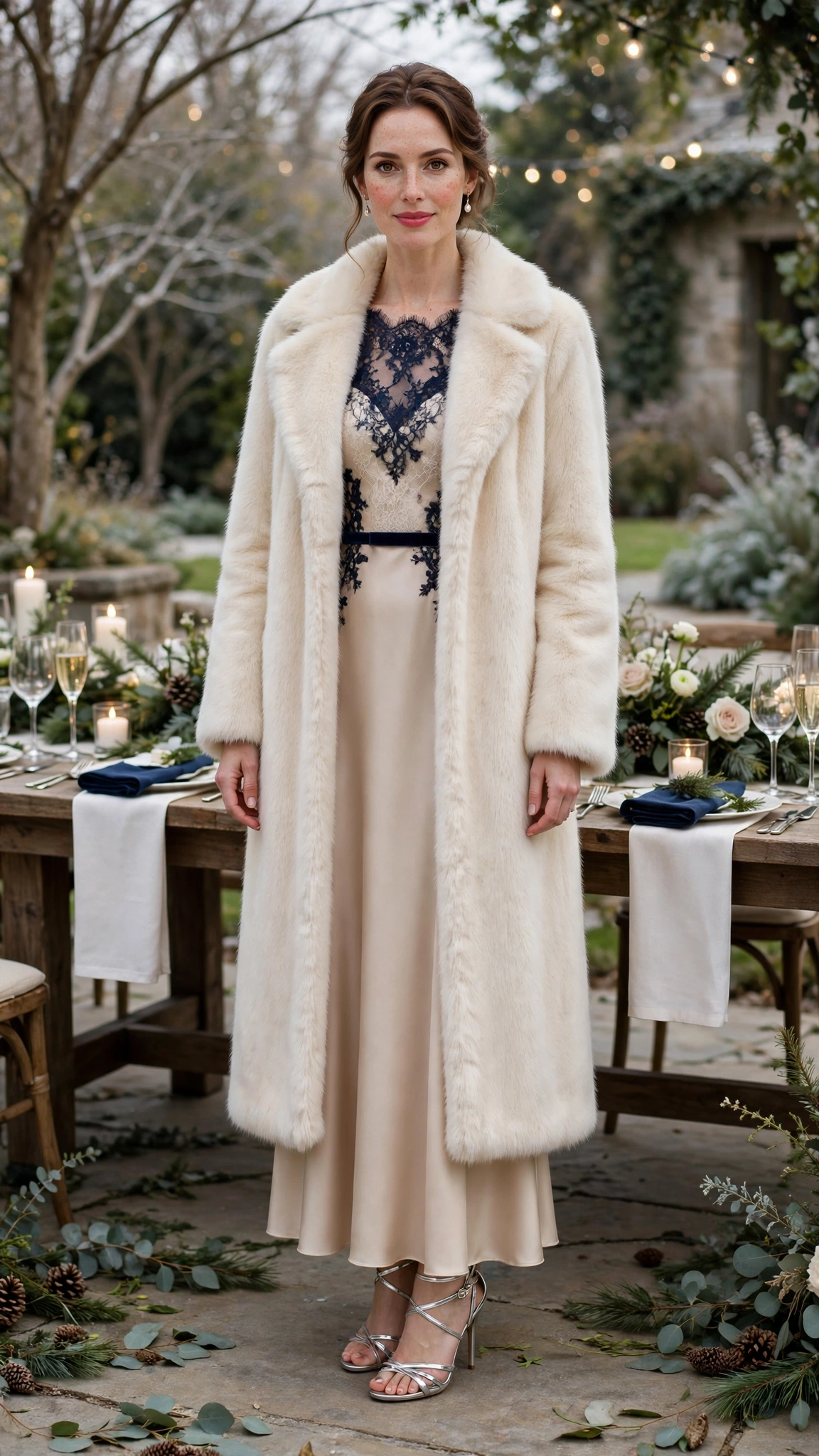Navy Accent Cream Faux Fur Coat with a champagne dress