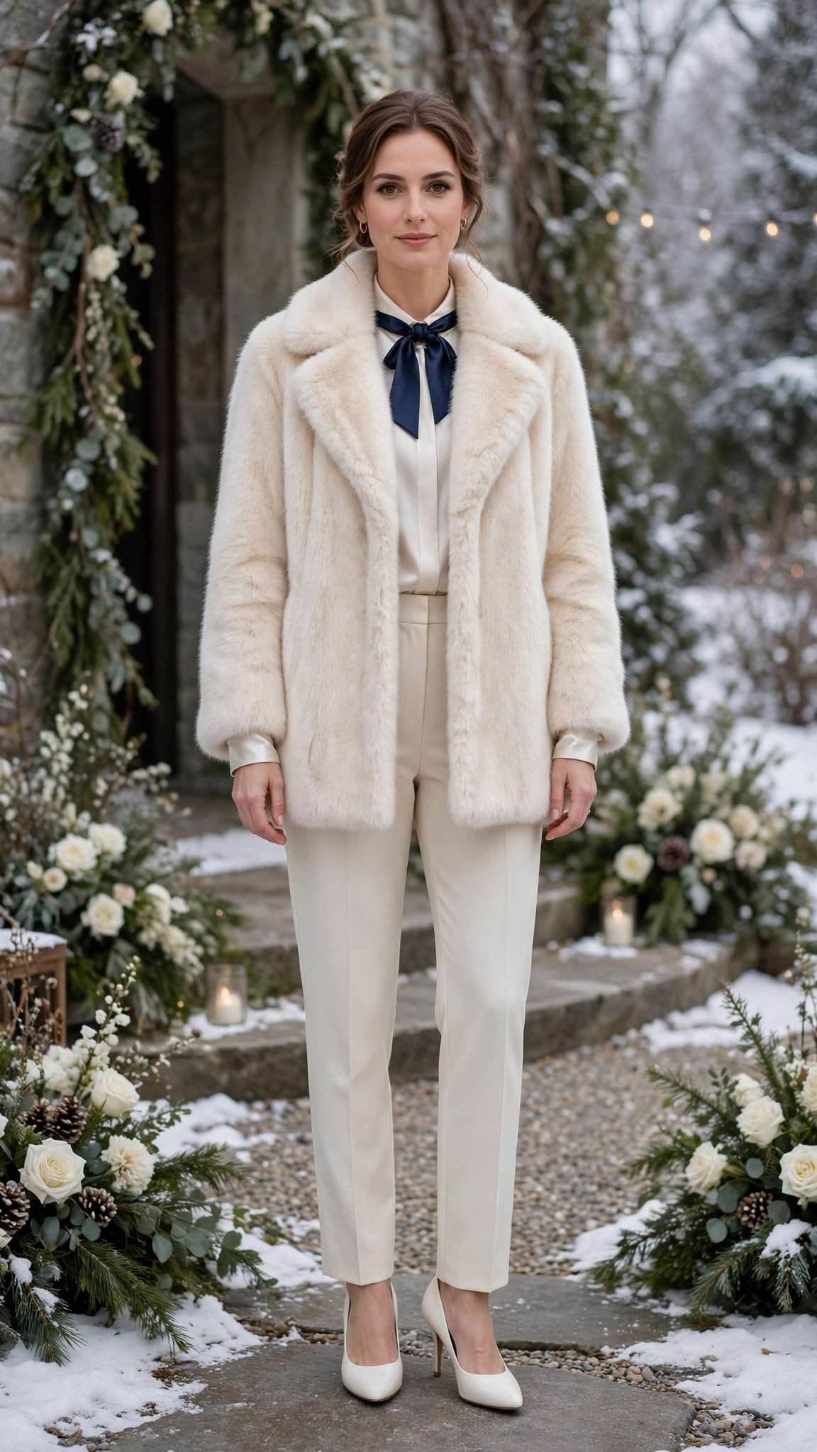 Navy Accent Cream Faux Fur Coat with cream trousers
