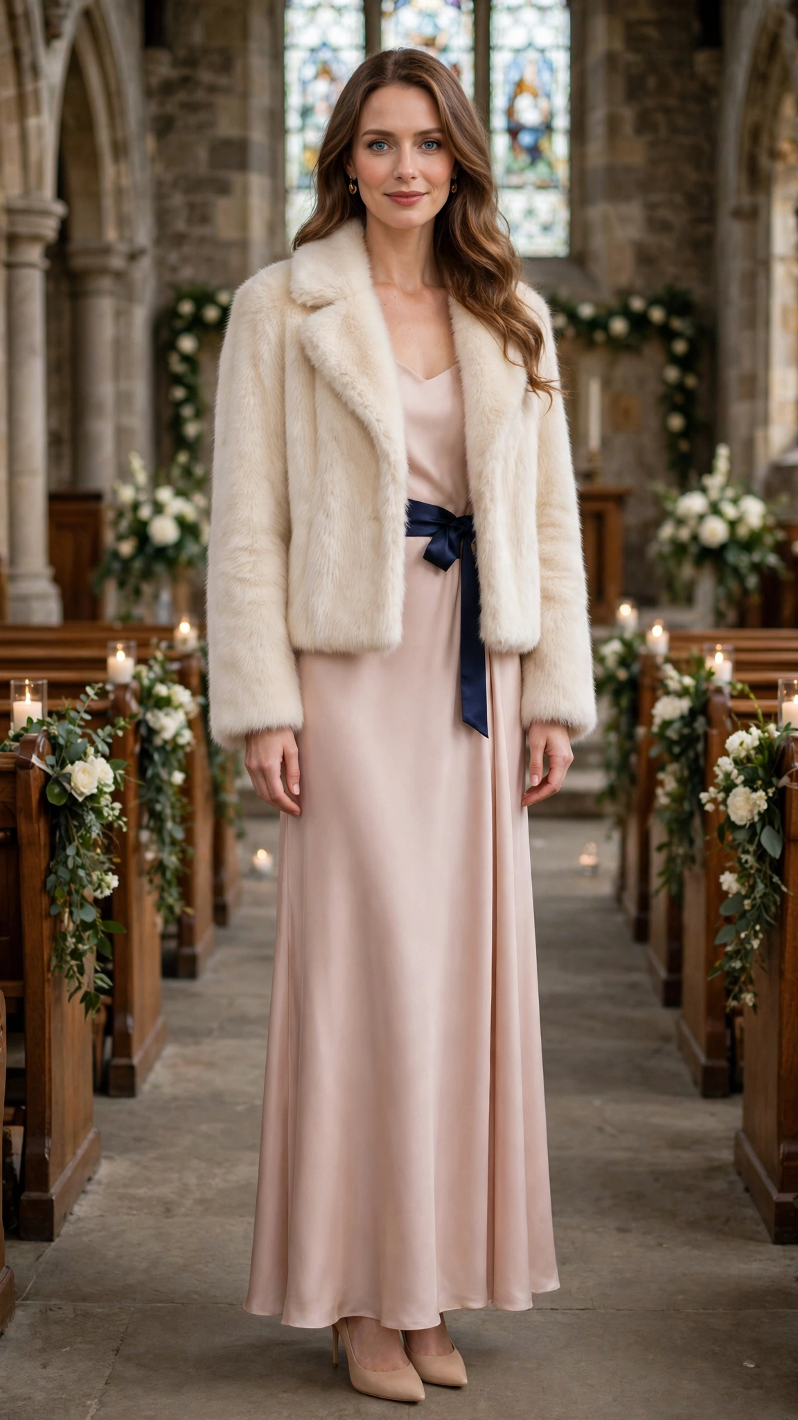Navy Accent Cream Faux Fur Coat with a blush dress
