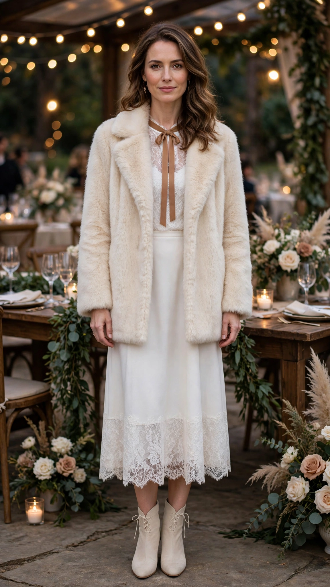 Camel Accent Cream Faux Fur Coat with a white midi dress