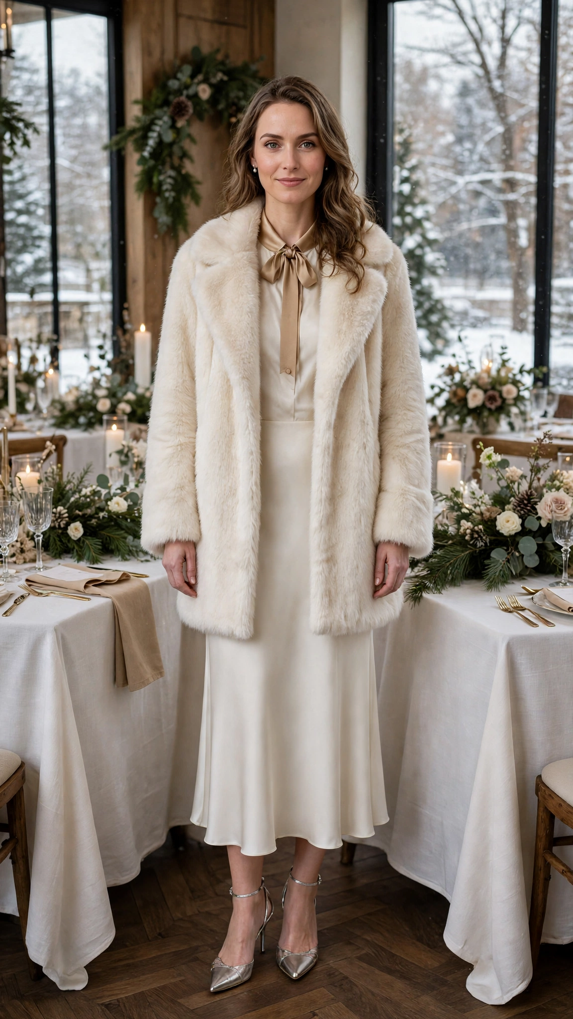 Camel Accent Cream Faux Fur Coat with an ivory dress