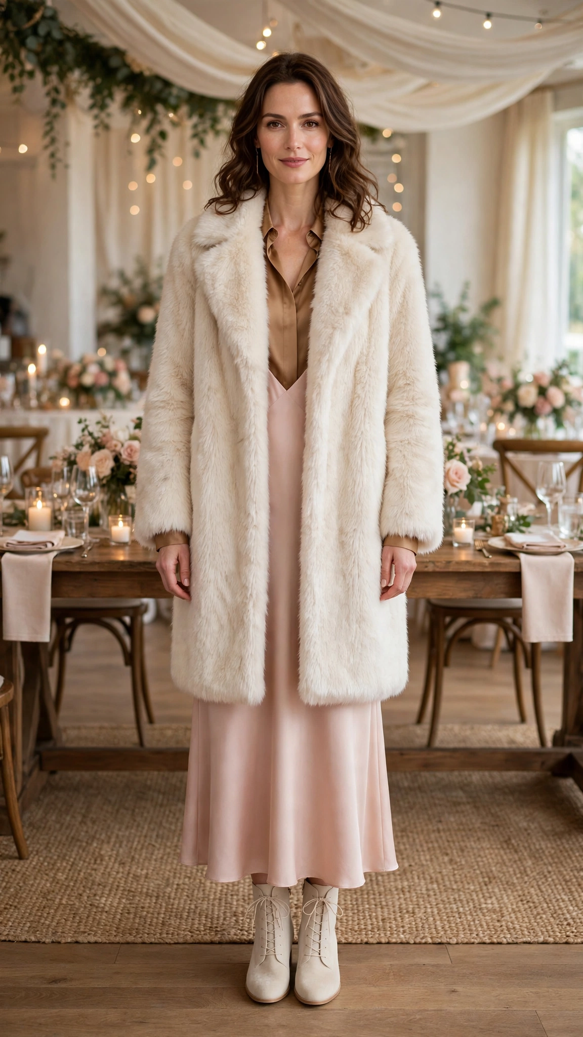 Camel Accent Cream Faux Fur Coat with a blush dress