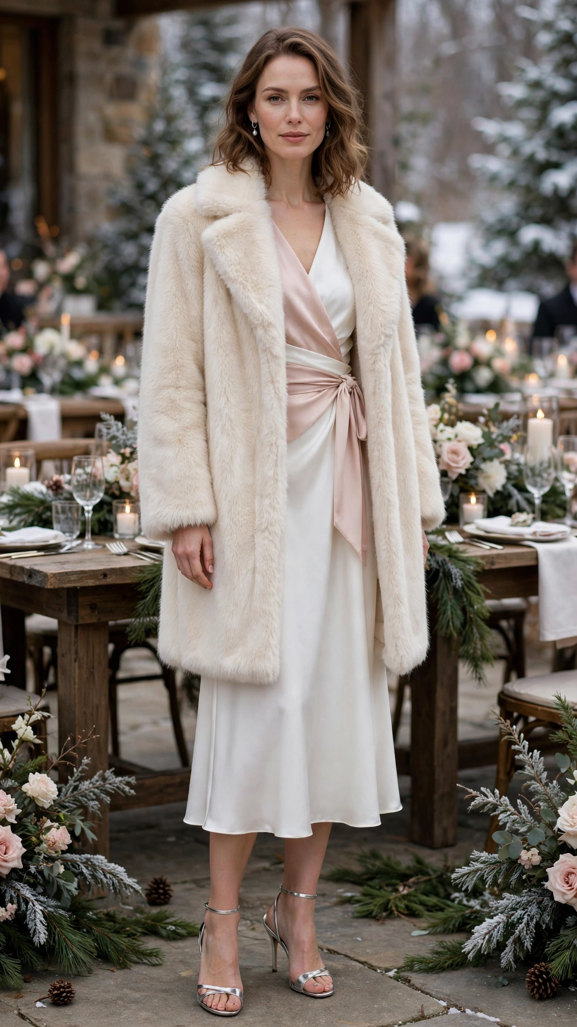 Blush Pink Accent Cream Faux Fur Coat with a white midi dress