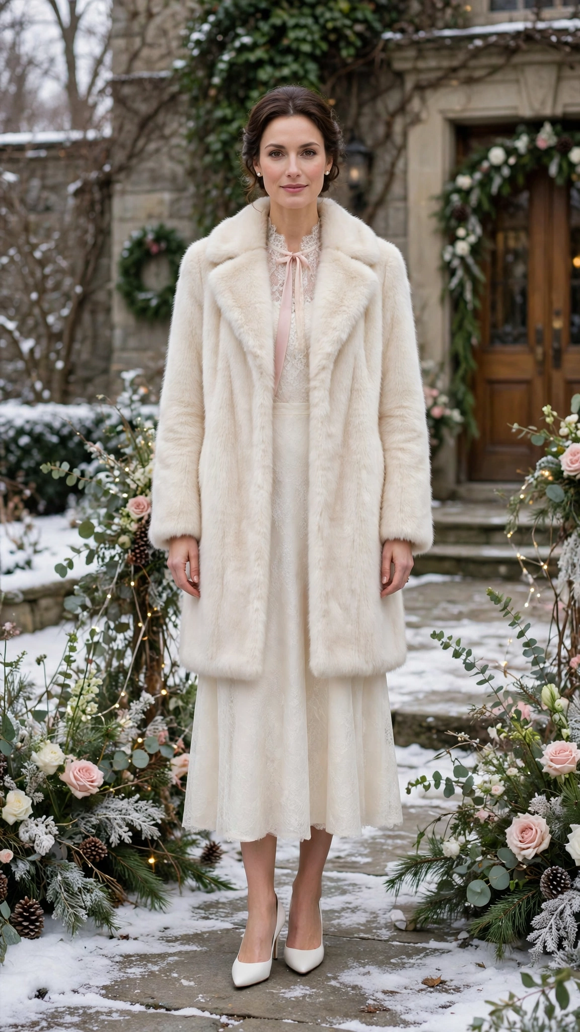 Blush Pink Accent Cream Faux Fur Coat with an ivory dress