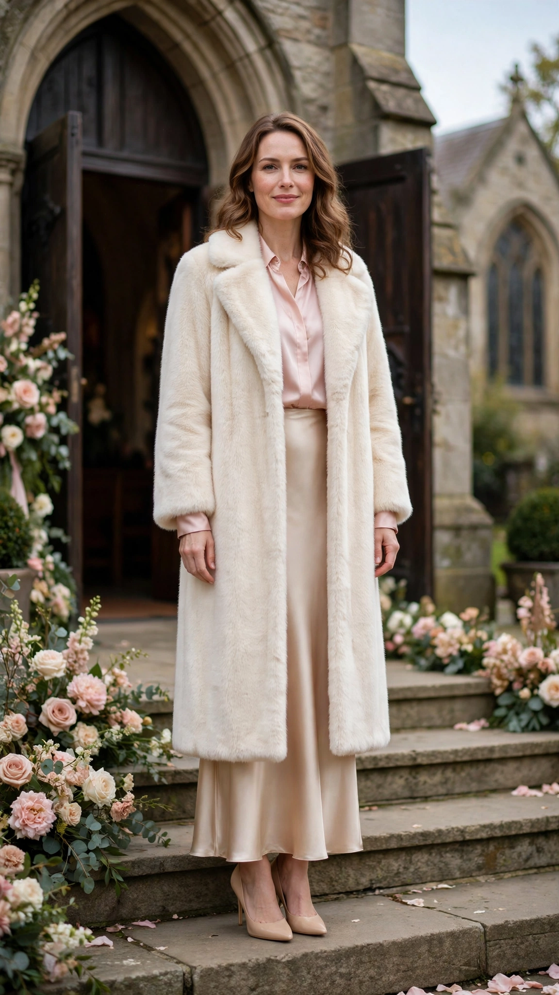 Blush Pink Accent Cream Faux Fur Coat with a champagne dress