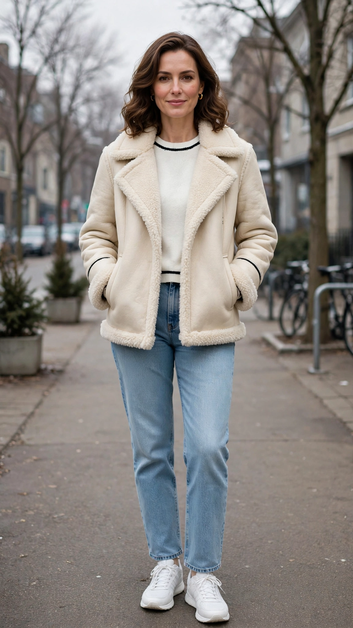 Black Accent Cream Shearling Jacket with light jeans