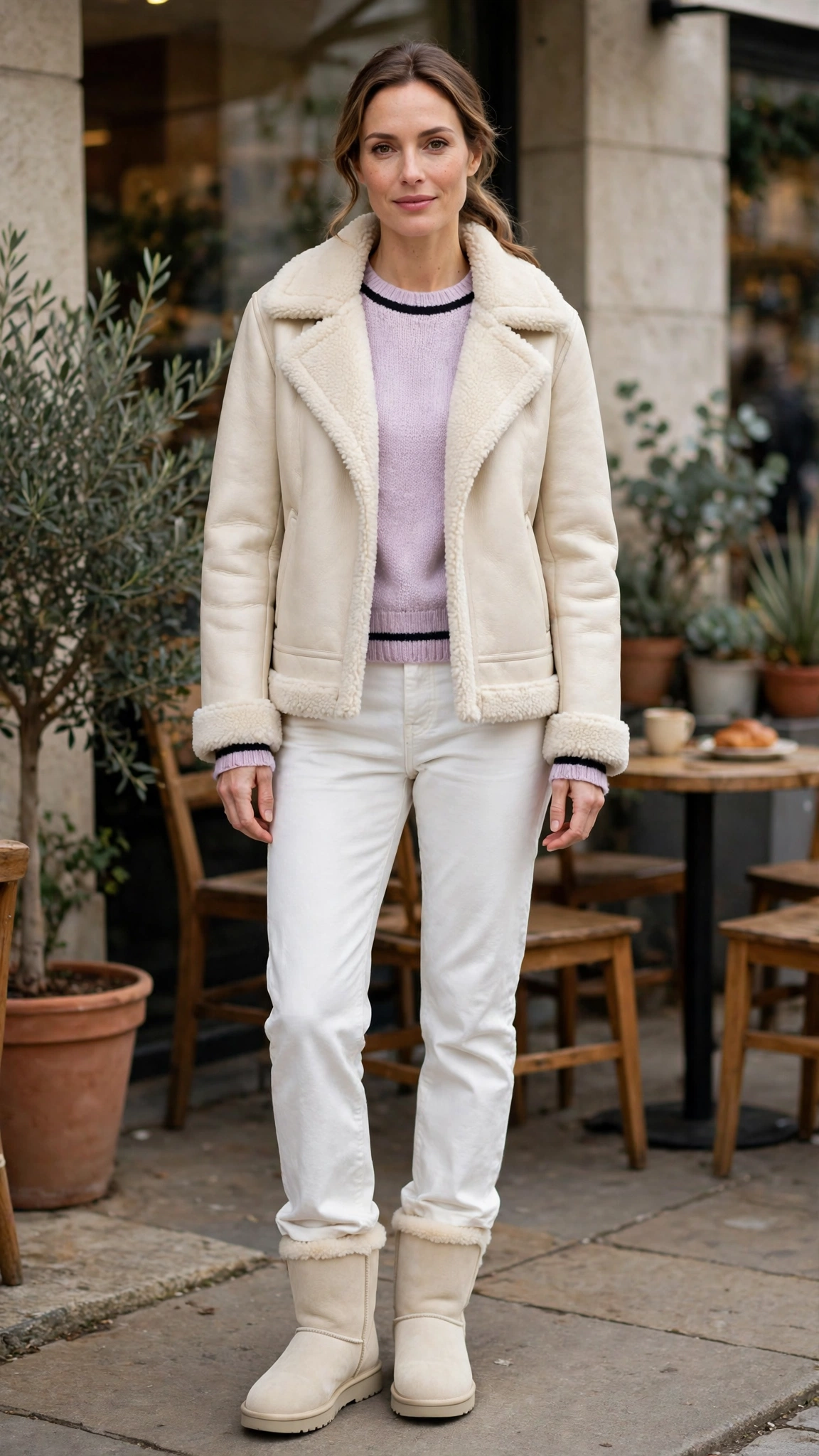 Black Accent Cream Shearling Jacket with white jeans