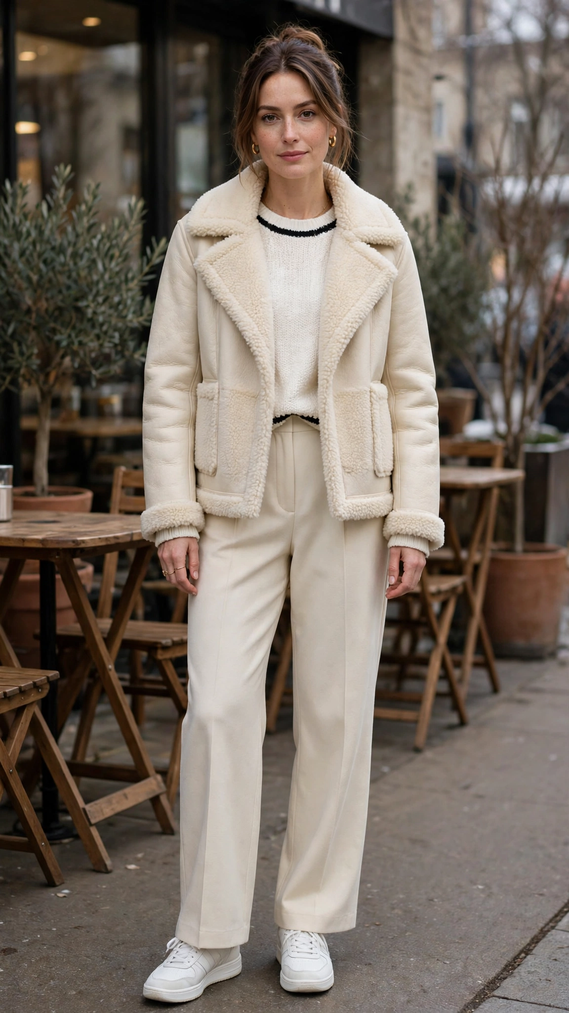 Black Accent Cream Shearling Jacket with cream trousers