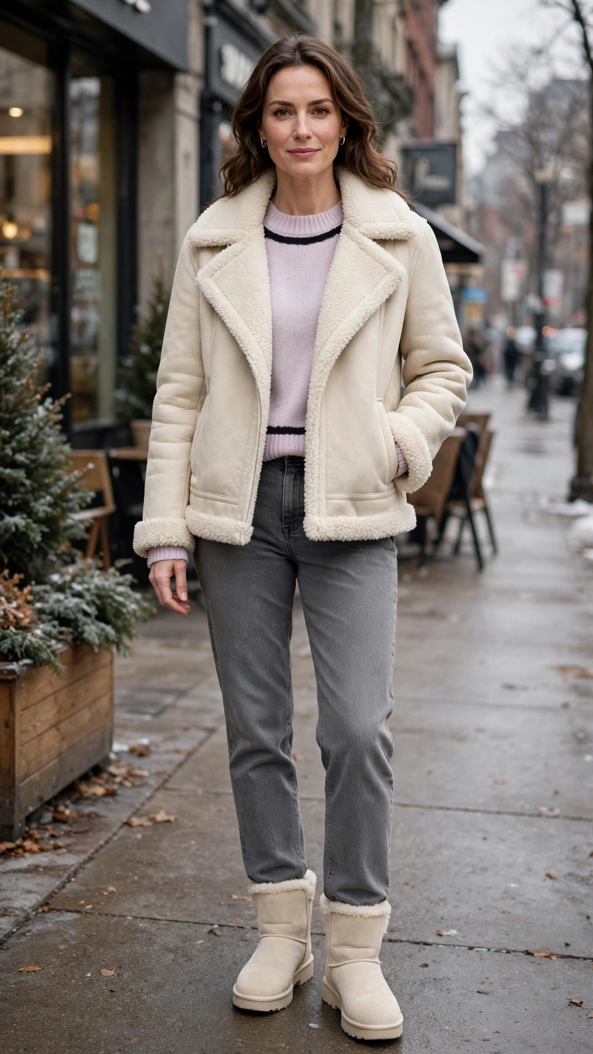 Black Accent Cream Shearling Jacket with grey jeans